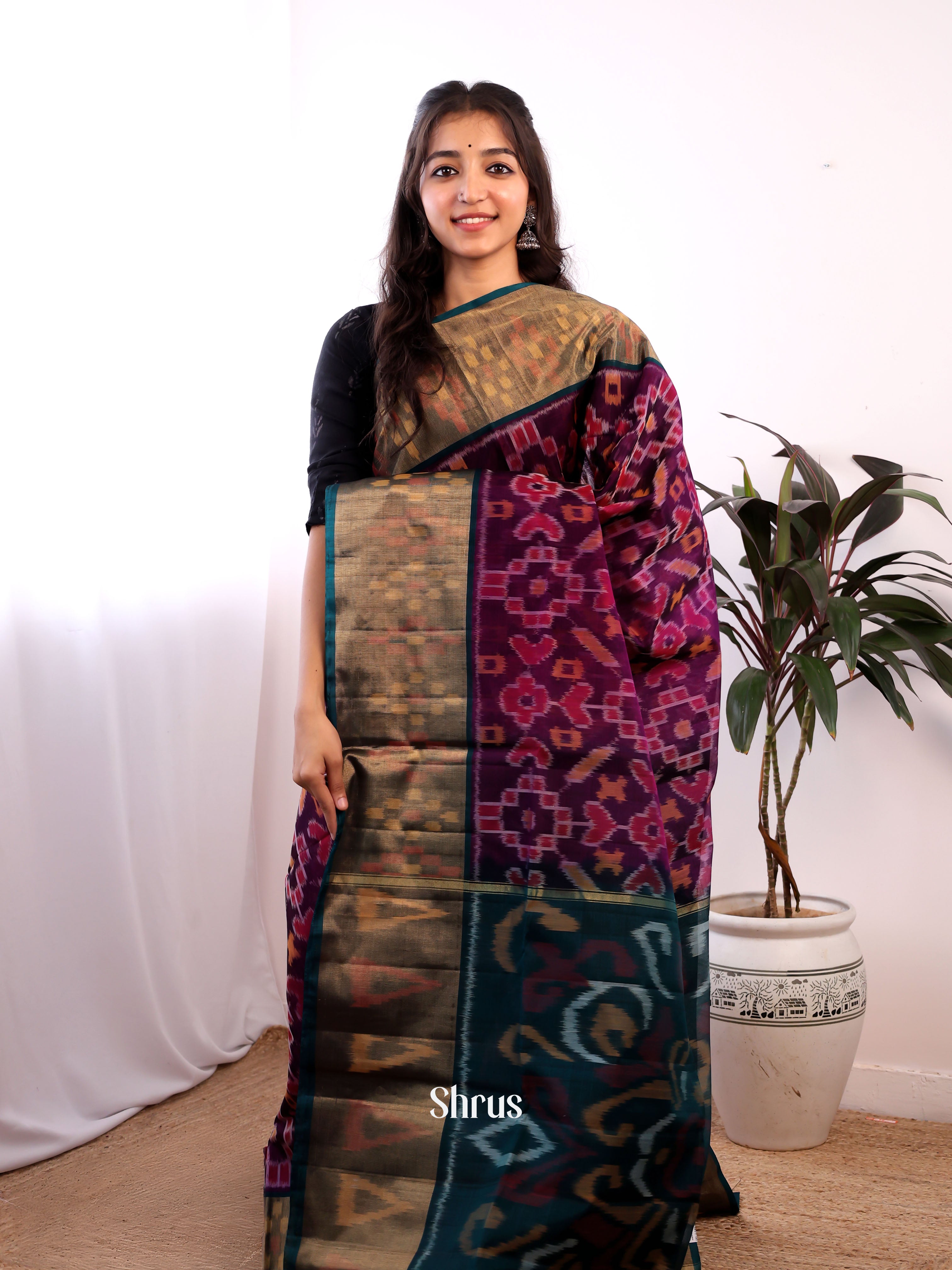 Purple & Peacock Blue - Pochampally sico Saree - Shop on Shrus.com