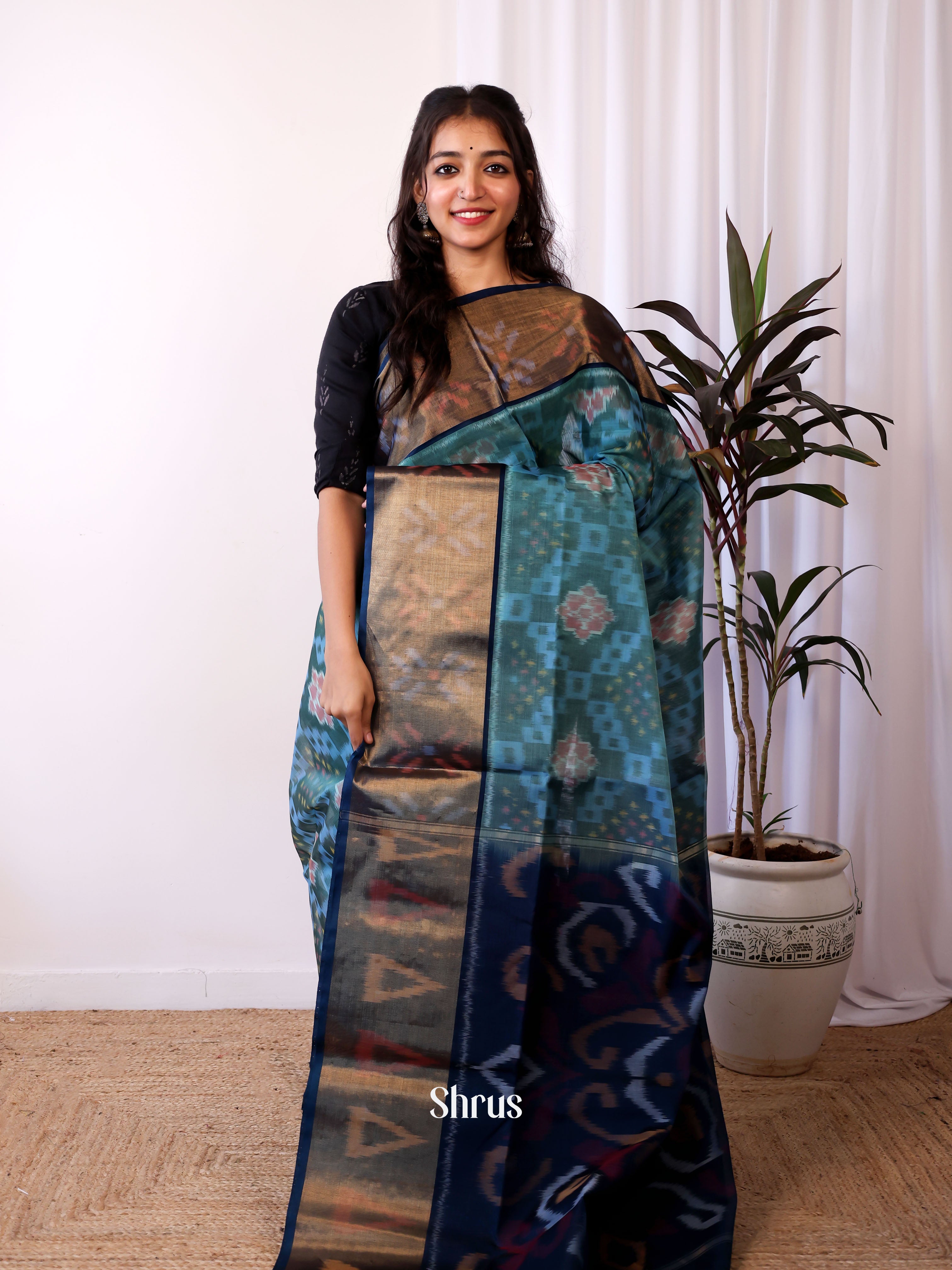 Teal & Blue - Pochampally sico Saree - Shop on Shrus.com