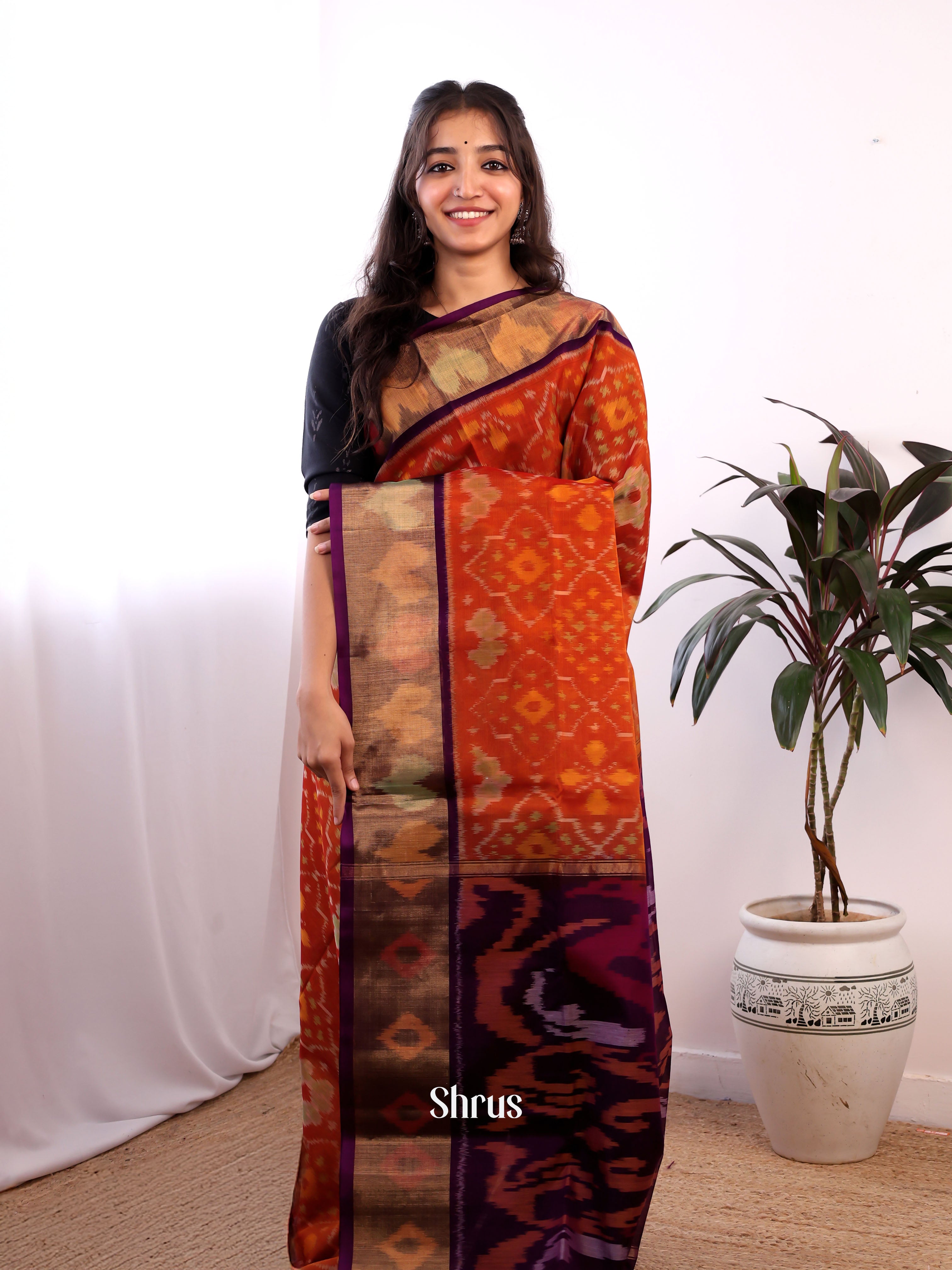 Orange & Violet - Pochampally sico Saree - Shop on Shrus.com