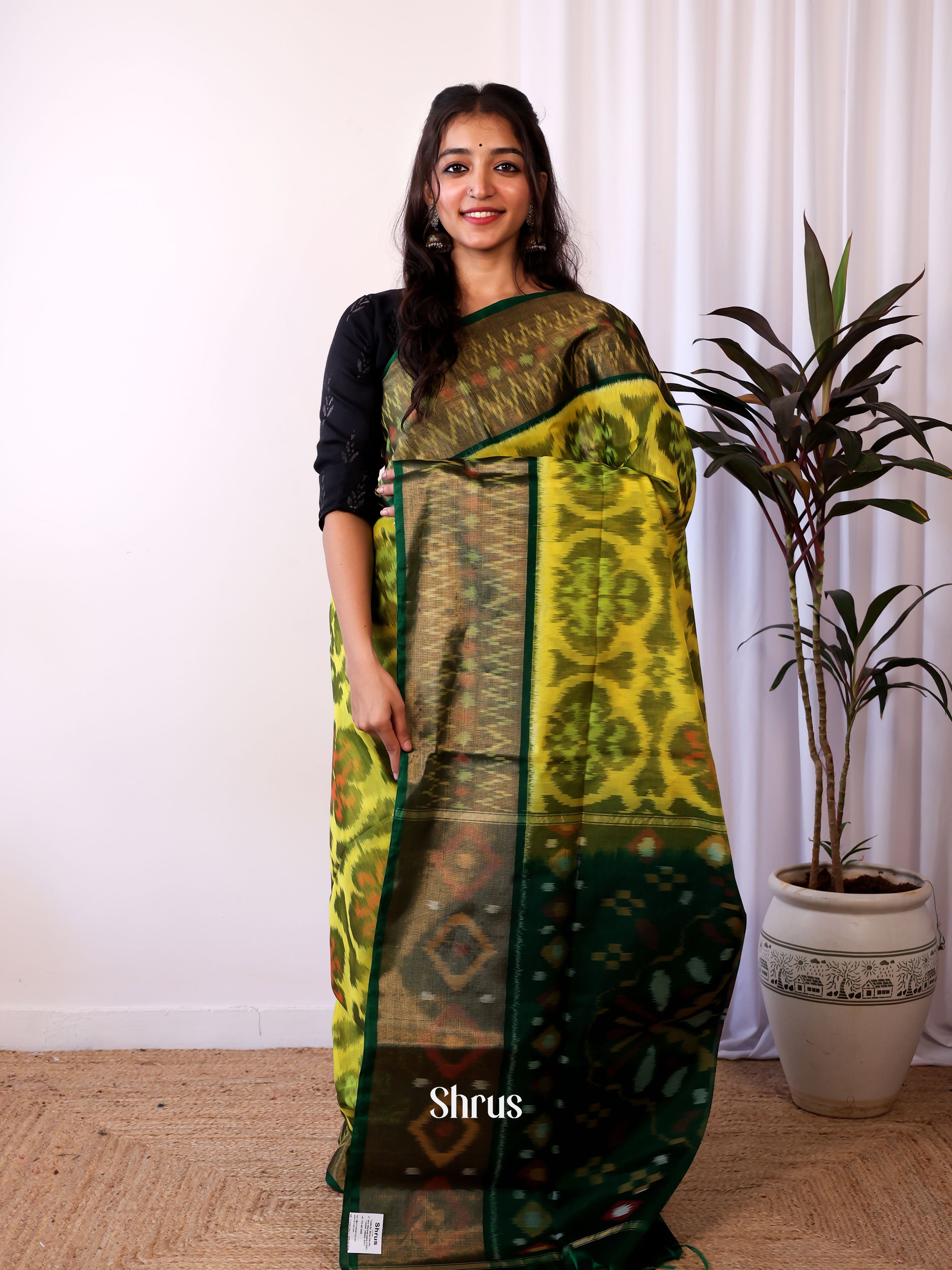 Lime Green & Green - Pochampally sico Saree - Shop on Shrus.com