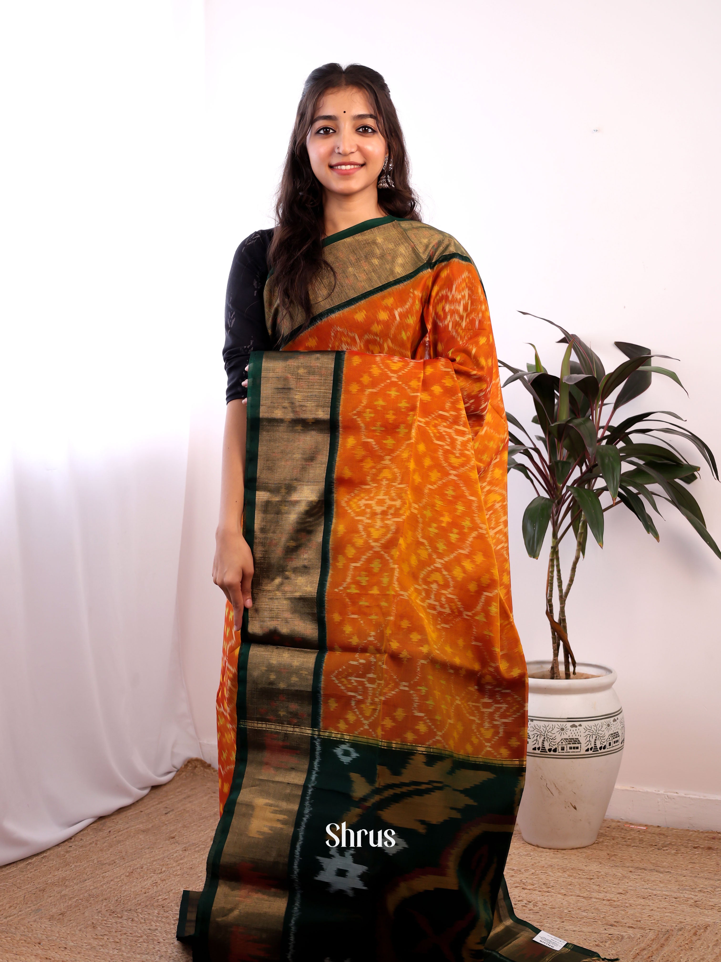 Orange & Green - Pochampally sico Saree - Shop on Shrus.com