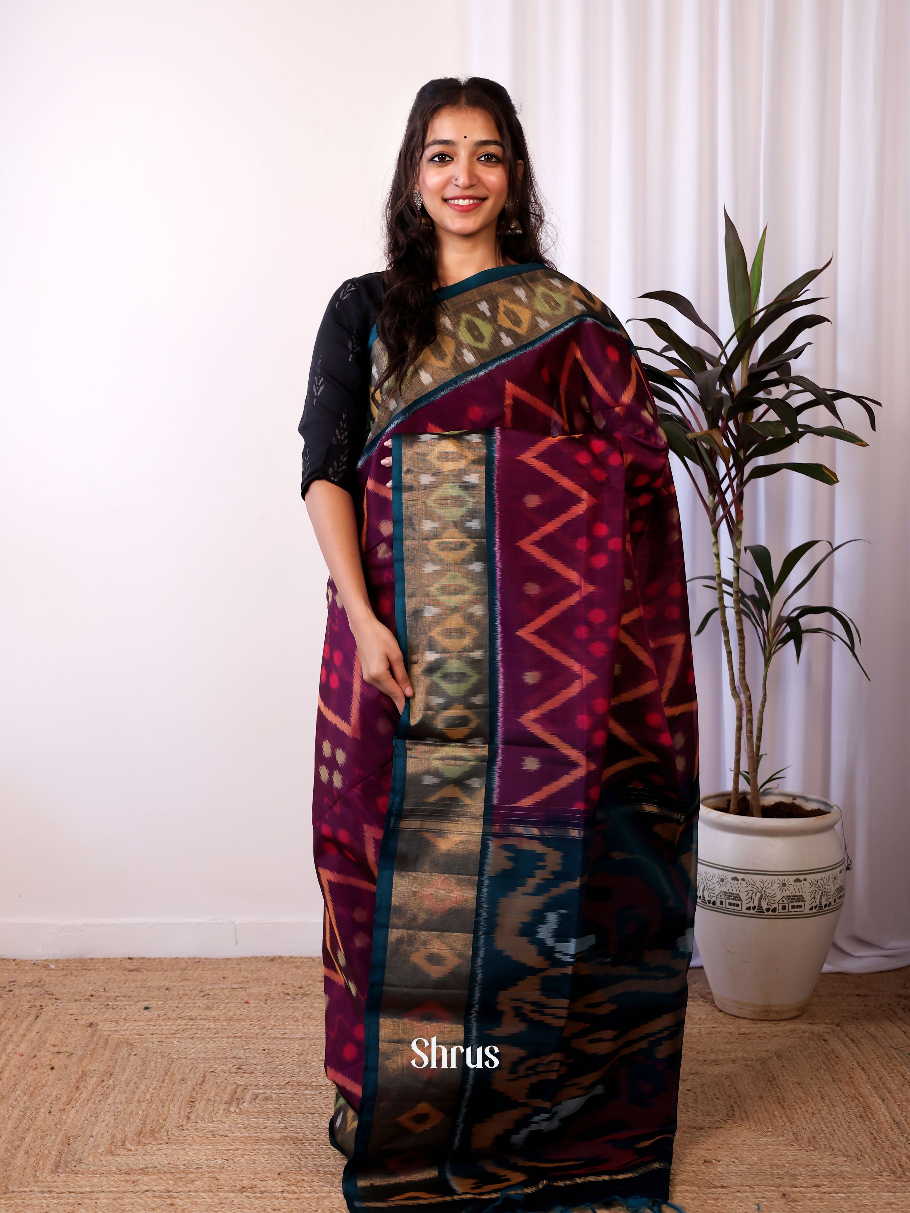 Purple & Peacock Blue - Pochampally sico Saree - Shop on Shrus.com