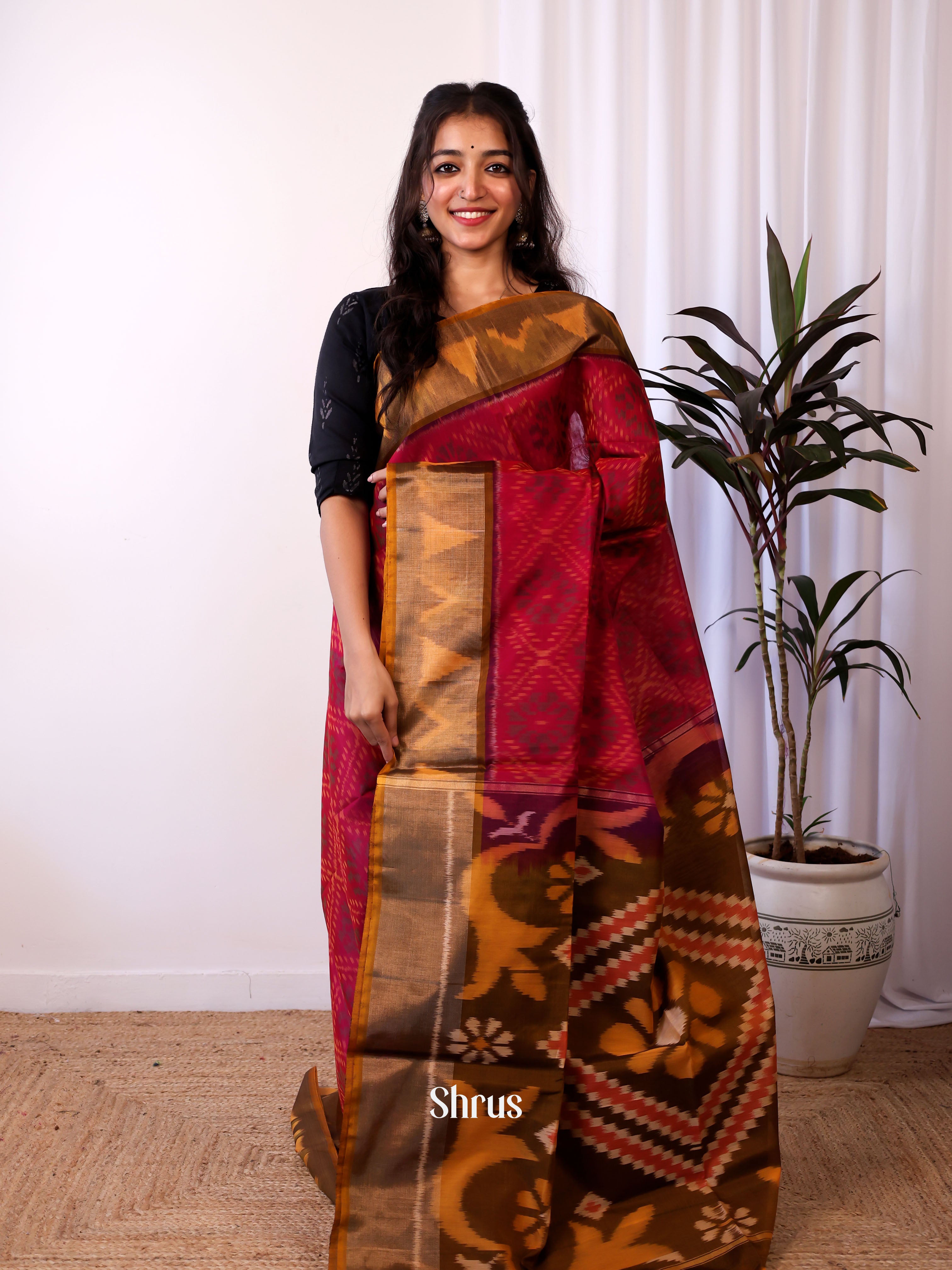 Maroon & Brown- Pochampally sico Saree - Shop on Shrus.com