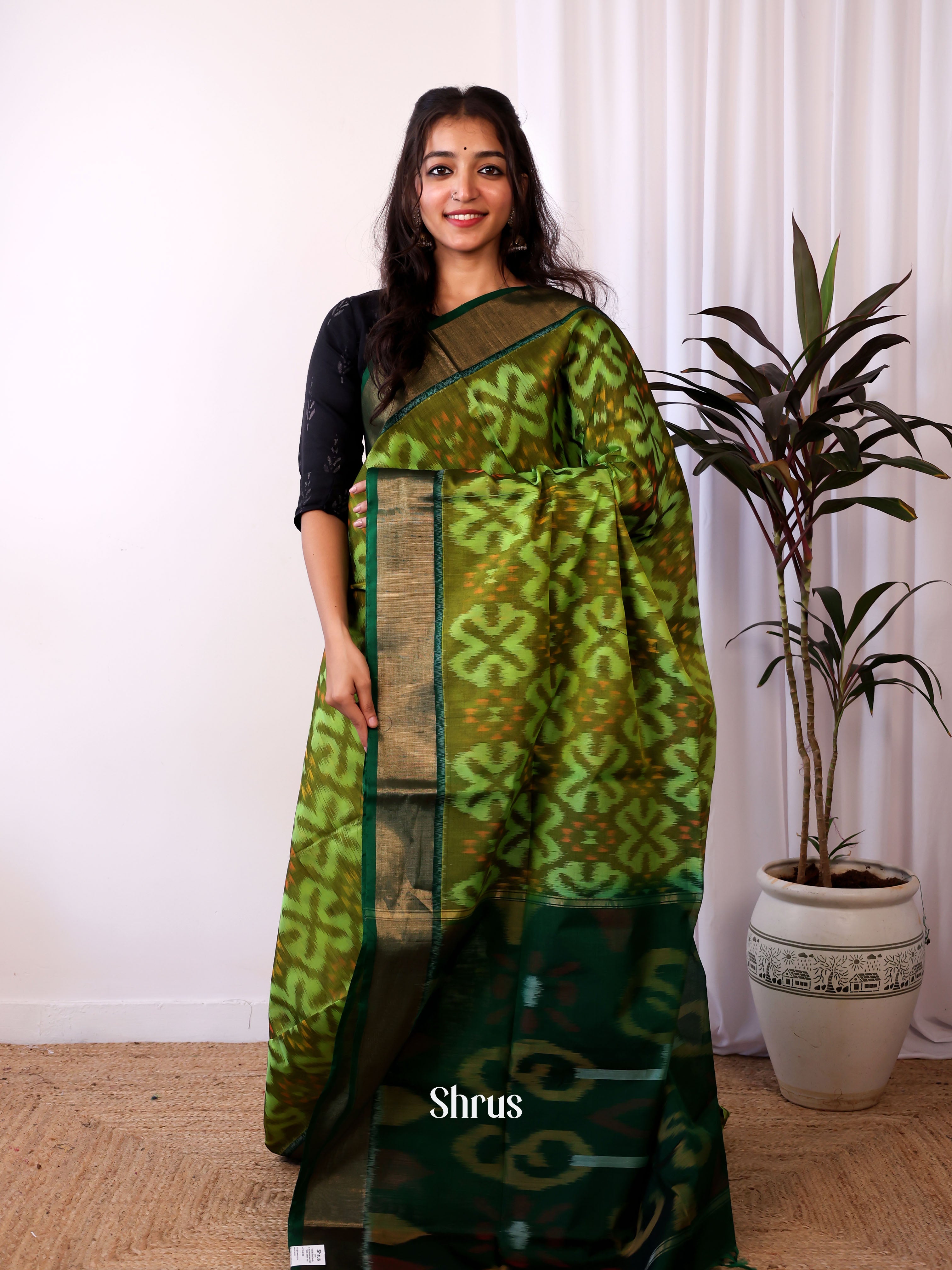Lite Green & Green - Pochampally sico Saree - Shop on Shrus.com