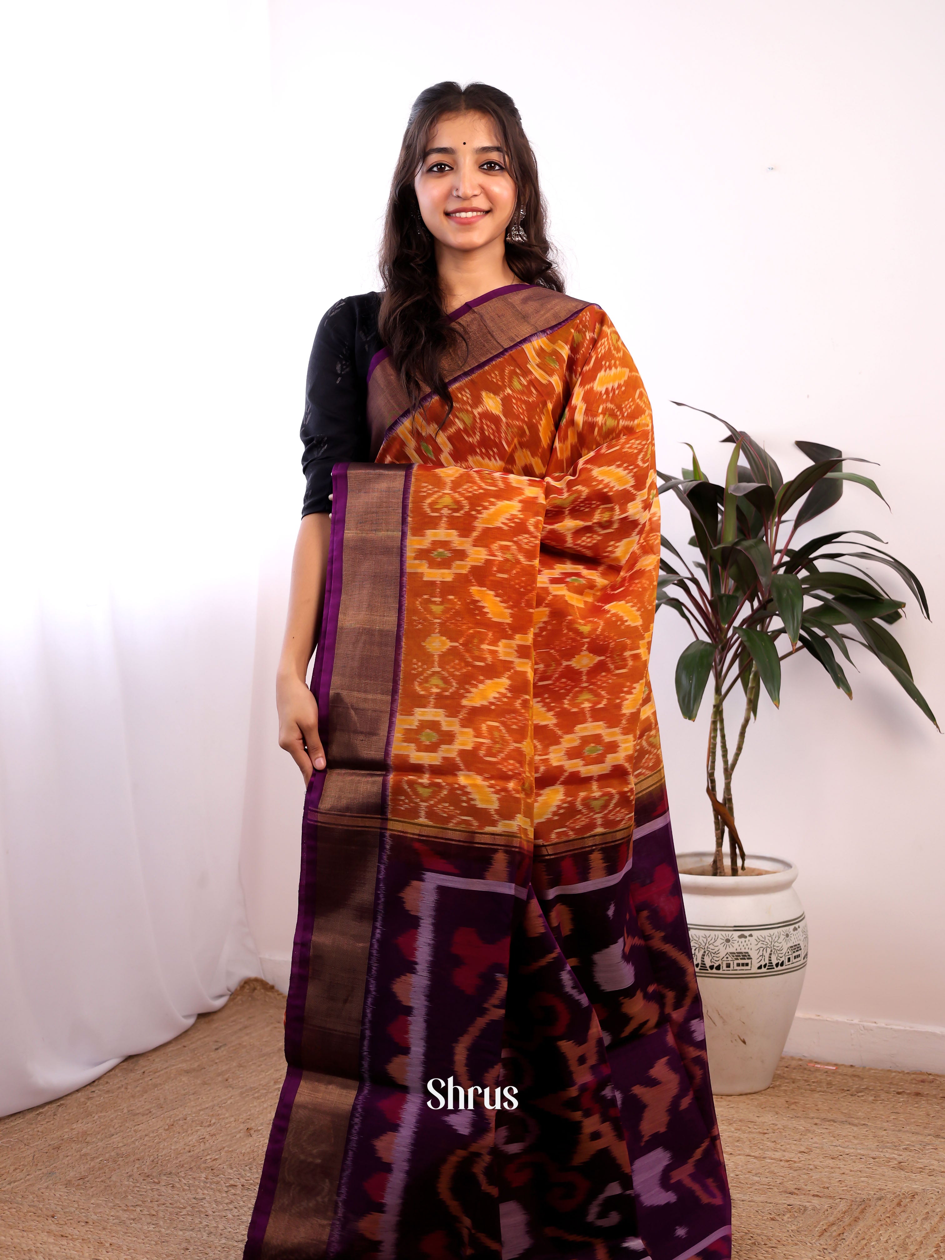 Brown & Purple- Pochampally sico Saree - Shop on Shrus.com