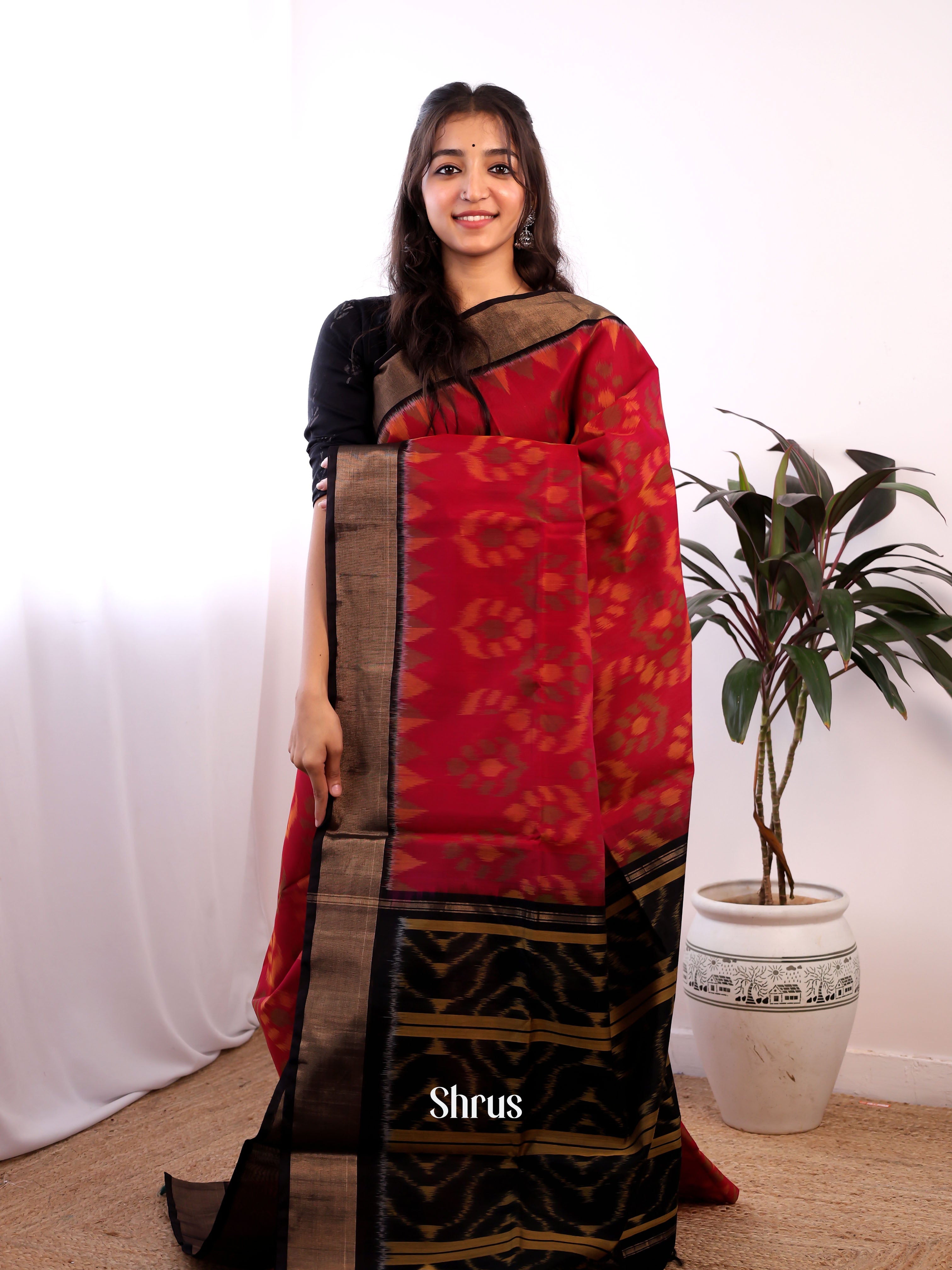 red & Black - Pochampally sico Saree - Shop on Shrus.com
