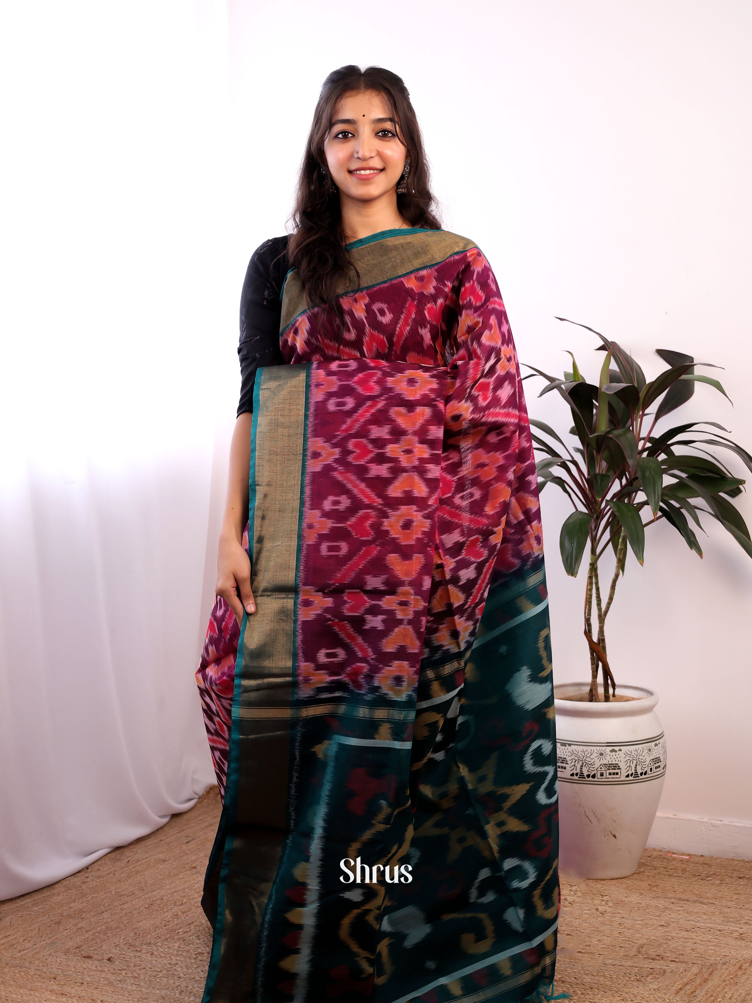 Purple & Peacock Green - Pochampally sico Saree - Shop on Shrus.com