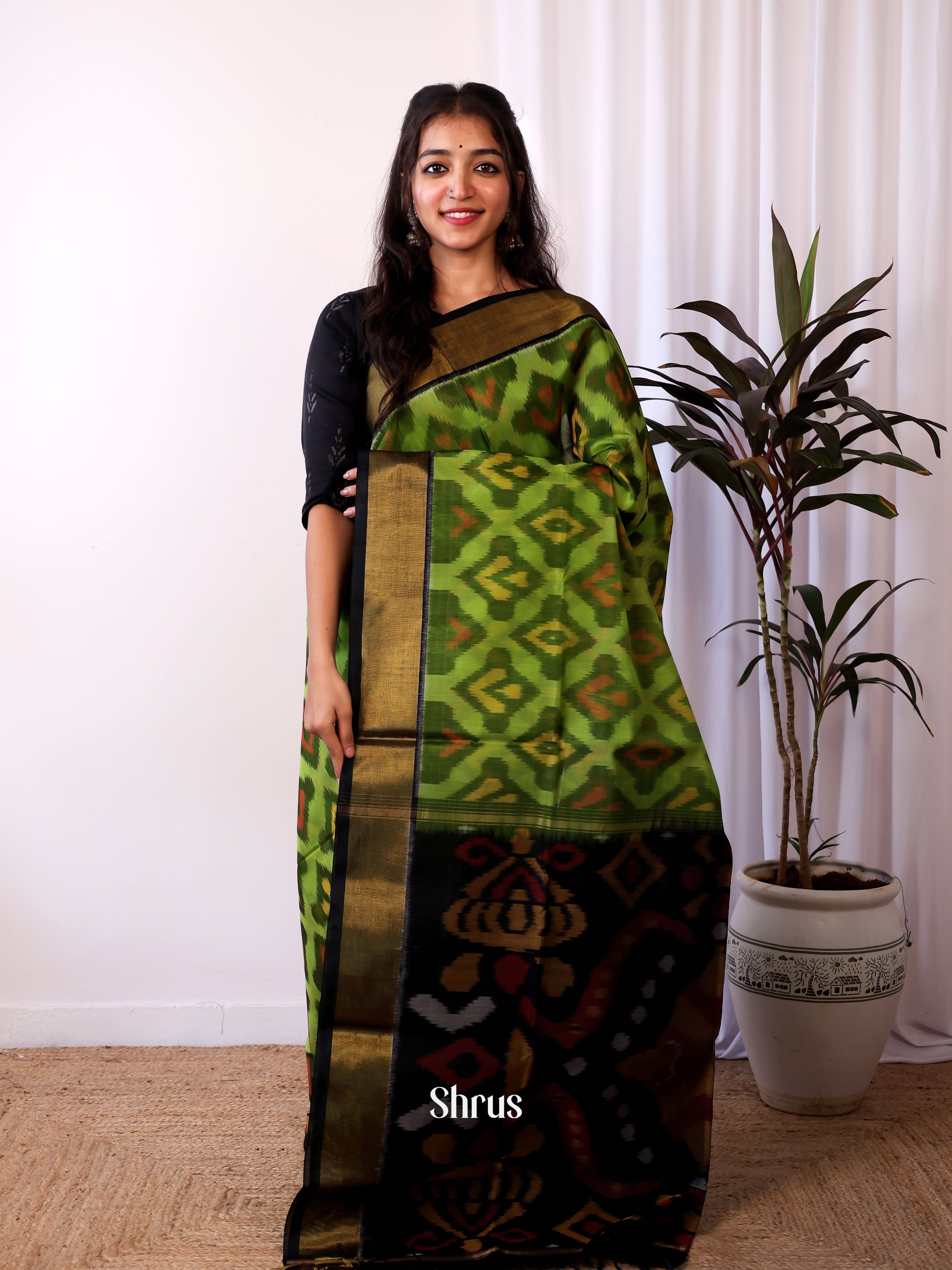 Green & Black- Pochampally sico Saree - Shop on Shrus.com