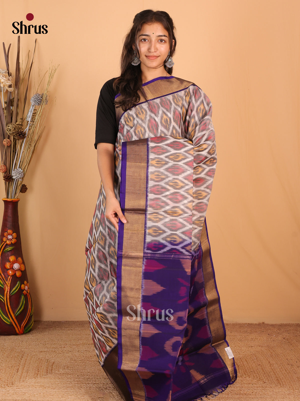 Cream & Violet - Pochampally sico Saree - Shop on Shrus.com