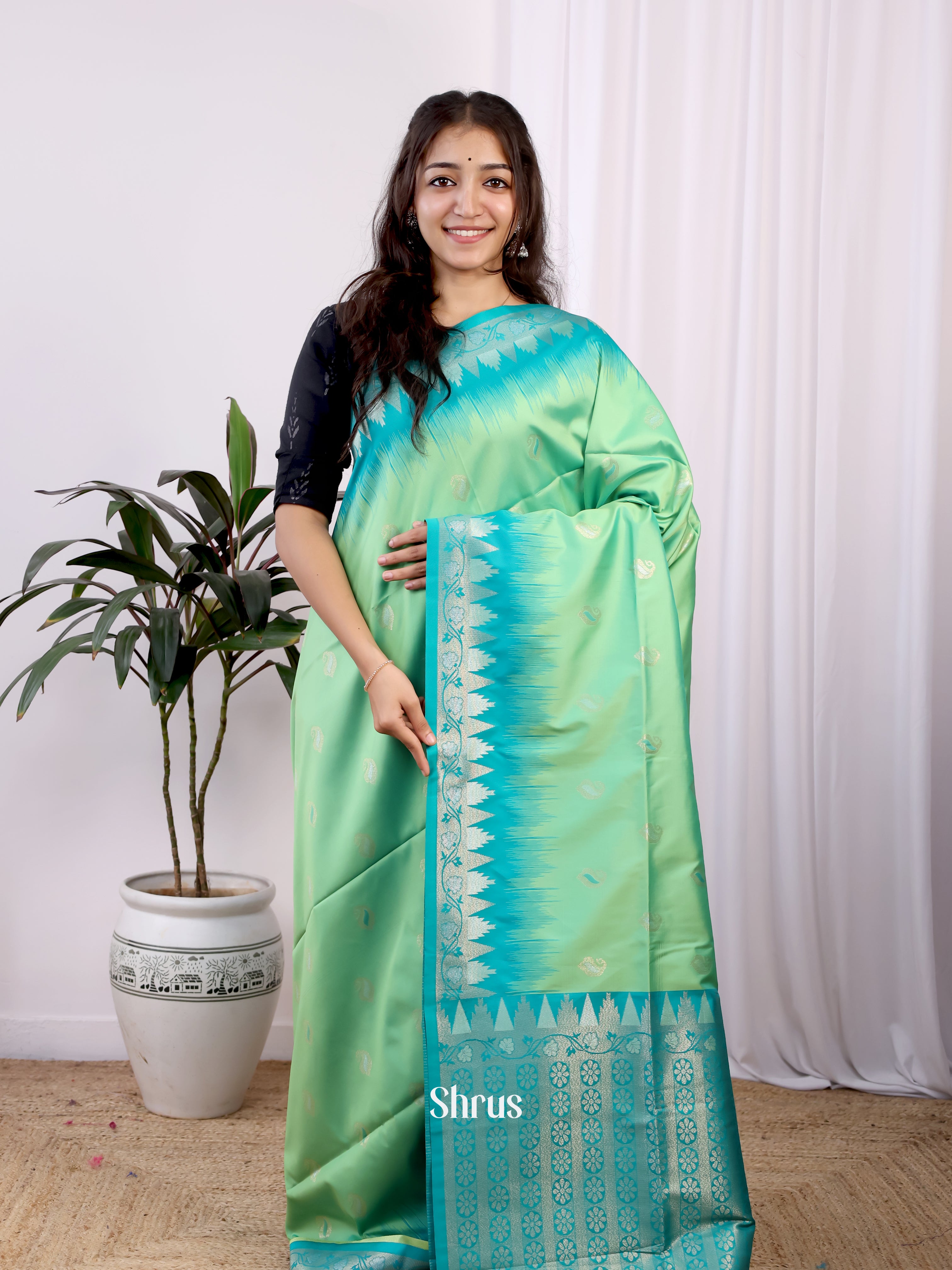 Pista Green & Green- Semi Softsilk Saree - Shop on Shrus.com