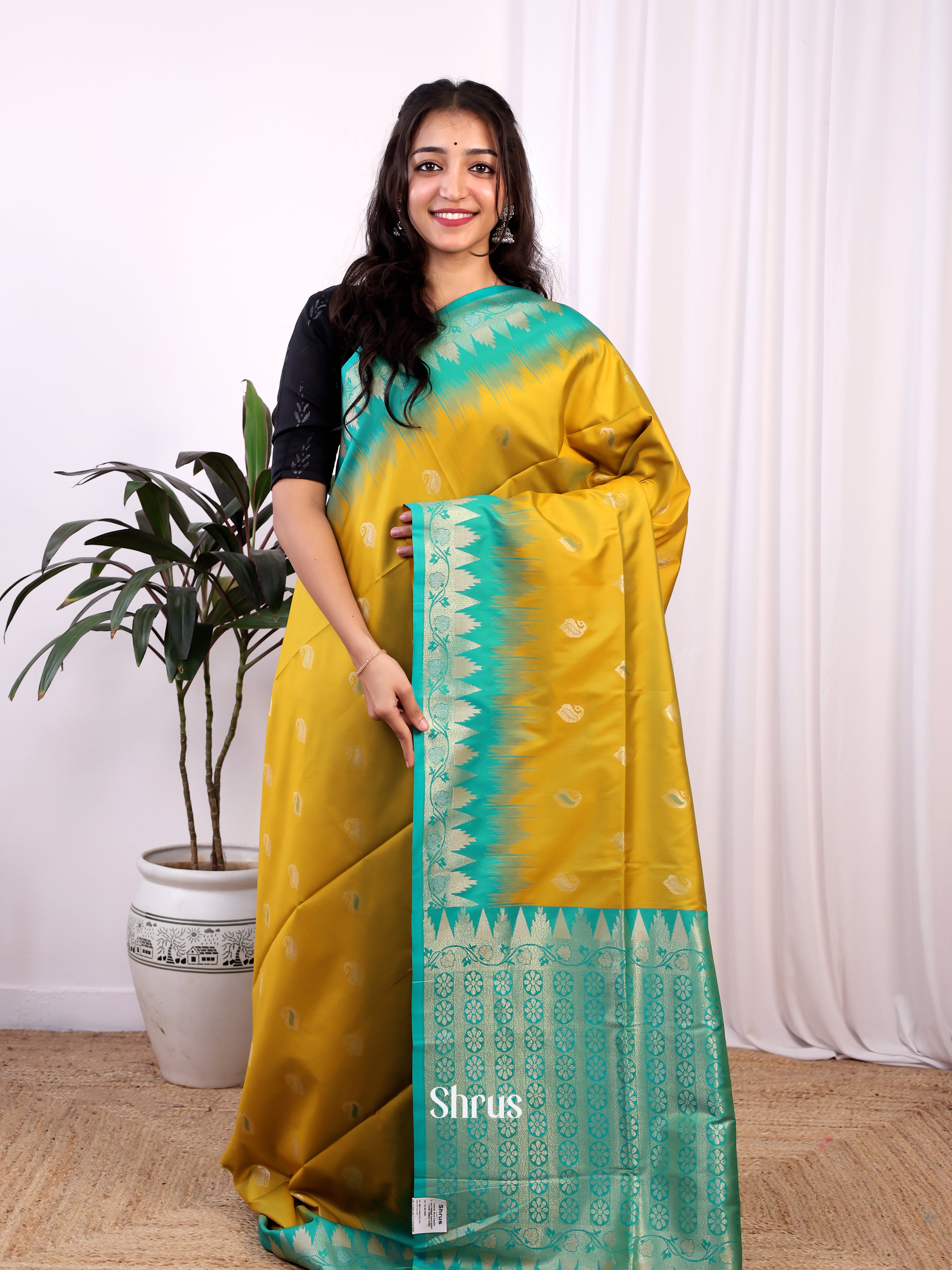 Mustardy green & Green- Semi Softsilk Saree - Shop on Shrus.com