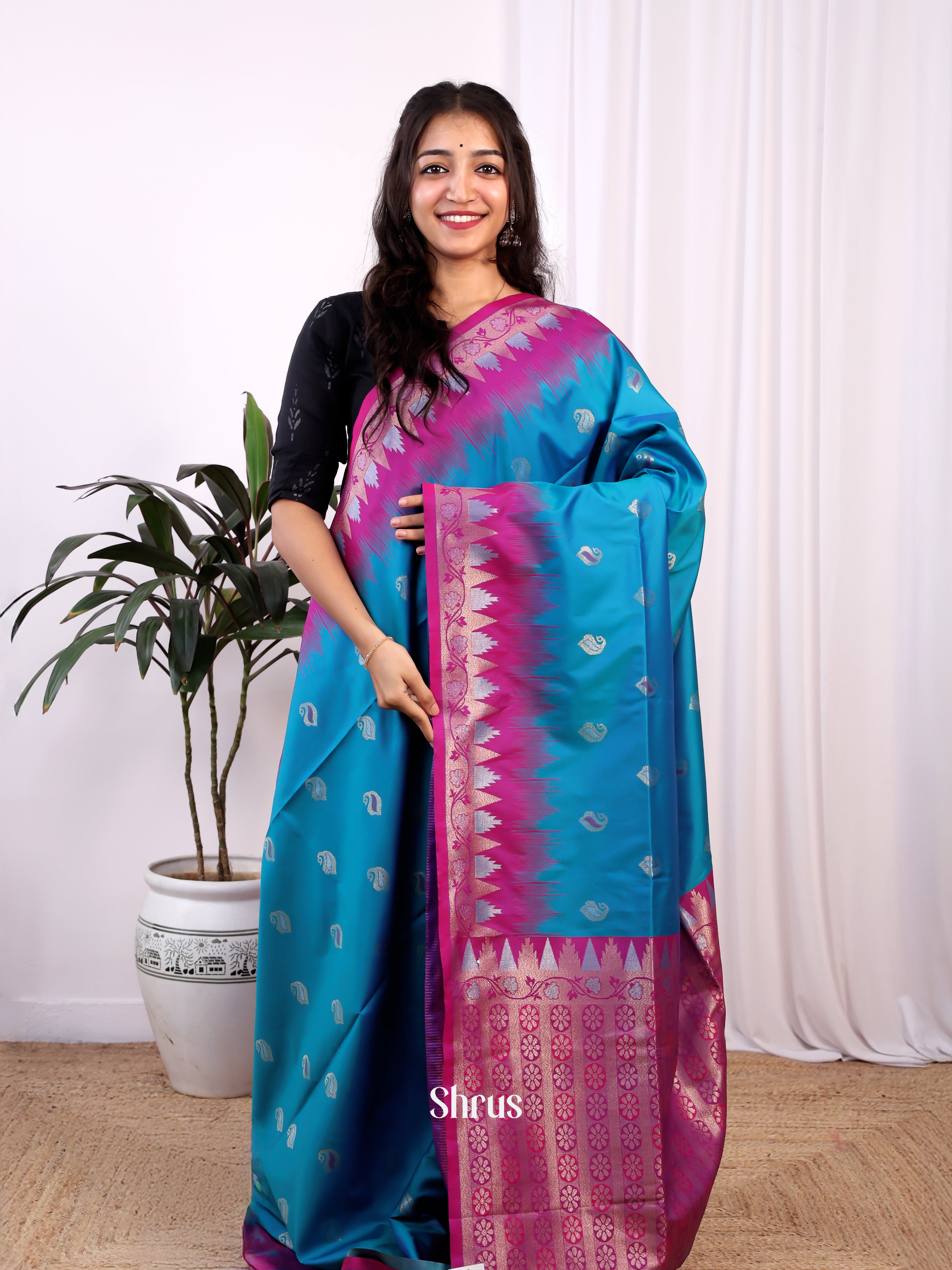 Blue & Purple - Semi Softsilk Saree - Shop on Shrus.com