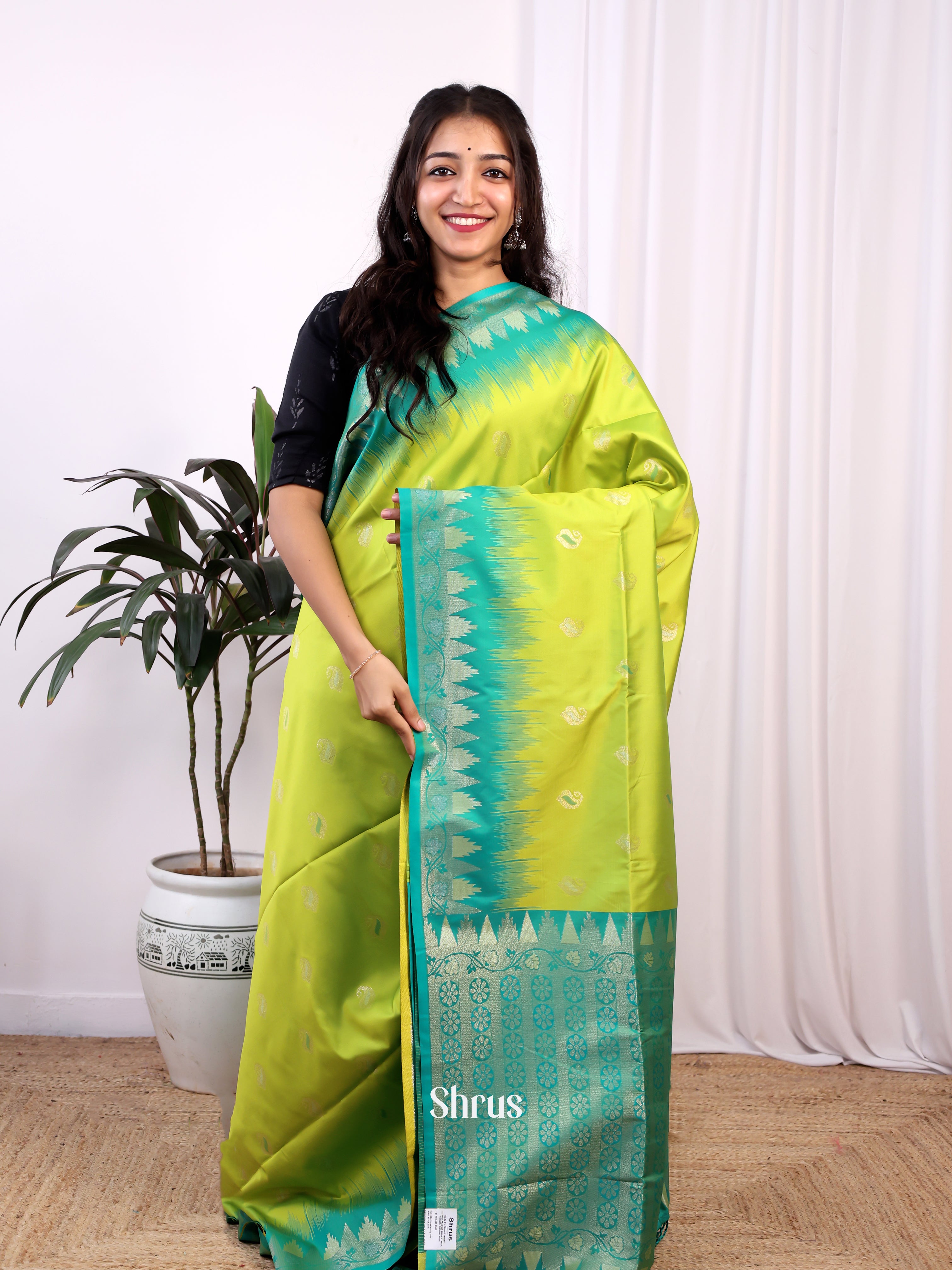 Lime Green & Green- Semi Softsilk Saree - Shop on Shrus.com