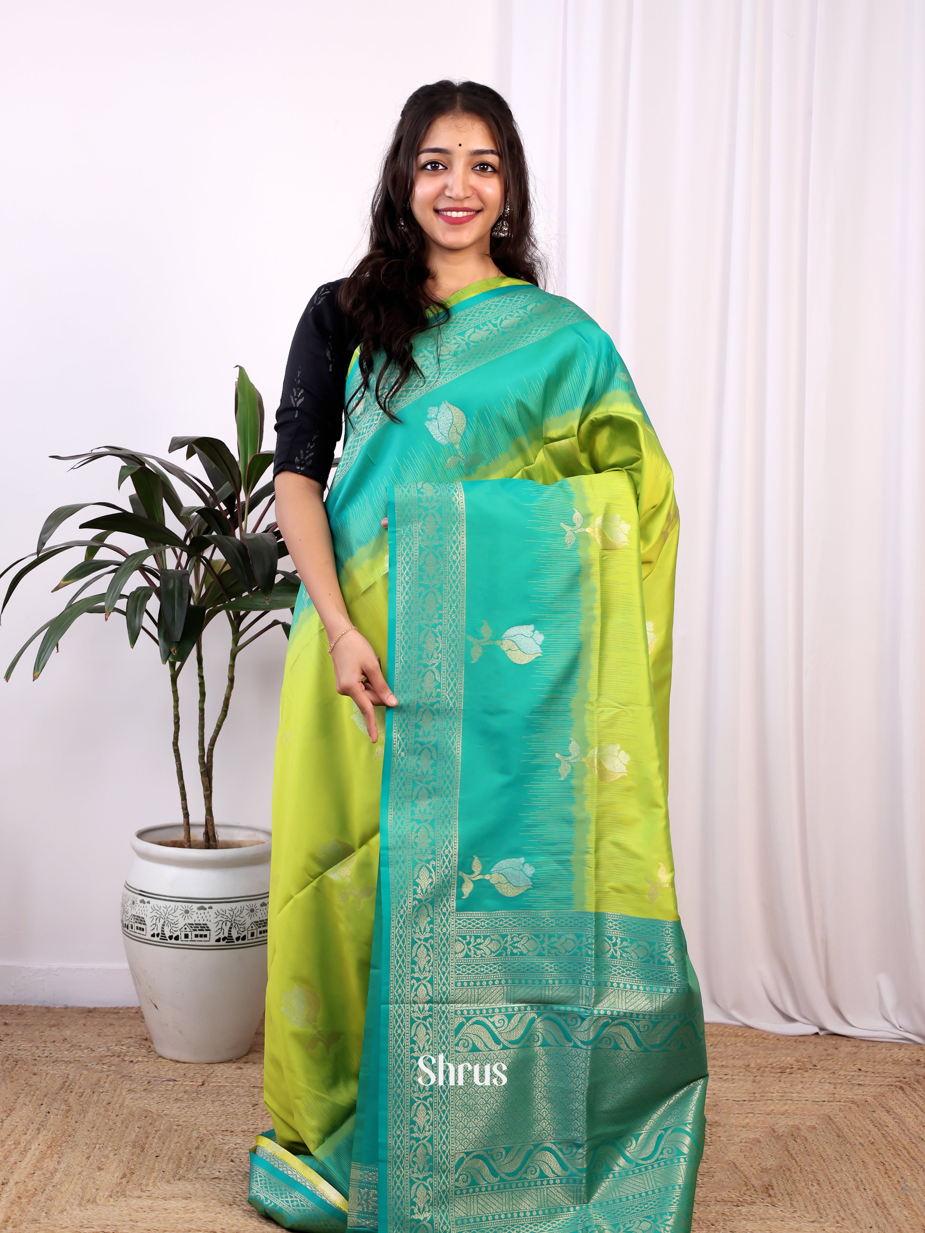 Lite Green & Green - Semi Softsilk Saree - Shop on Shrus.com