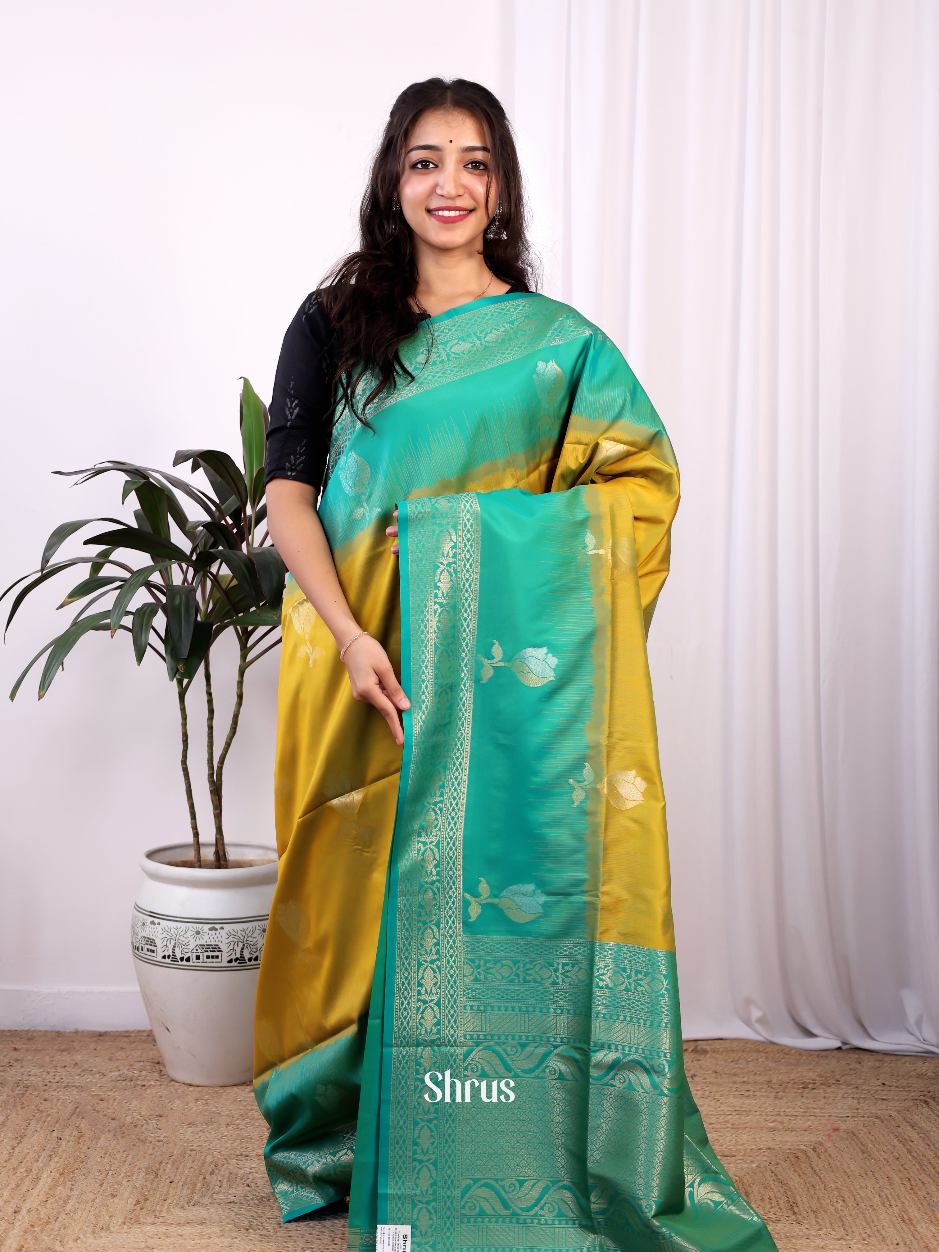 Mustardy Green & Green - Semi Softsilk Saree - Shop on Shrus.com