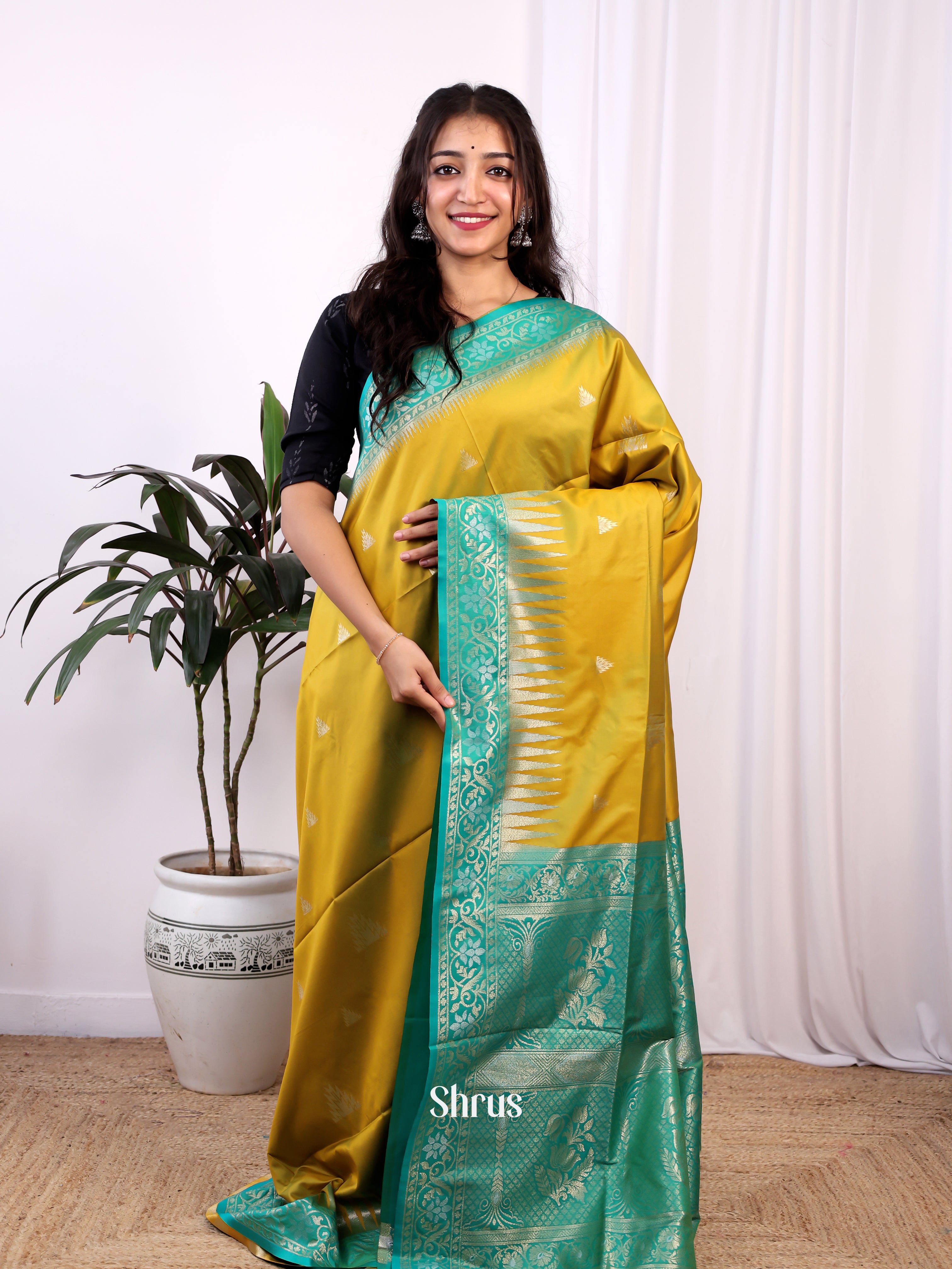 Mustardy Green & Green- Semi Softsilk Saree - Shop on Shrus.com