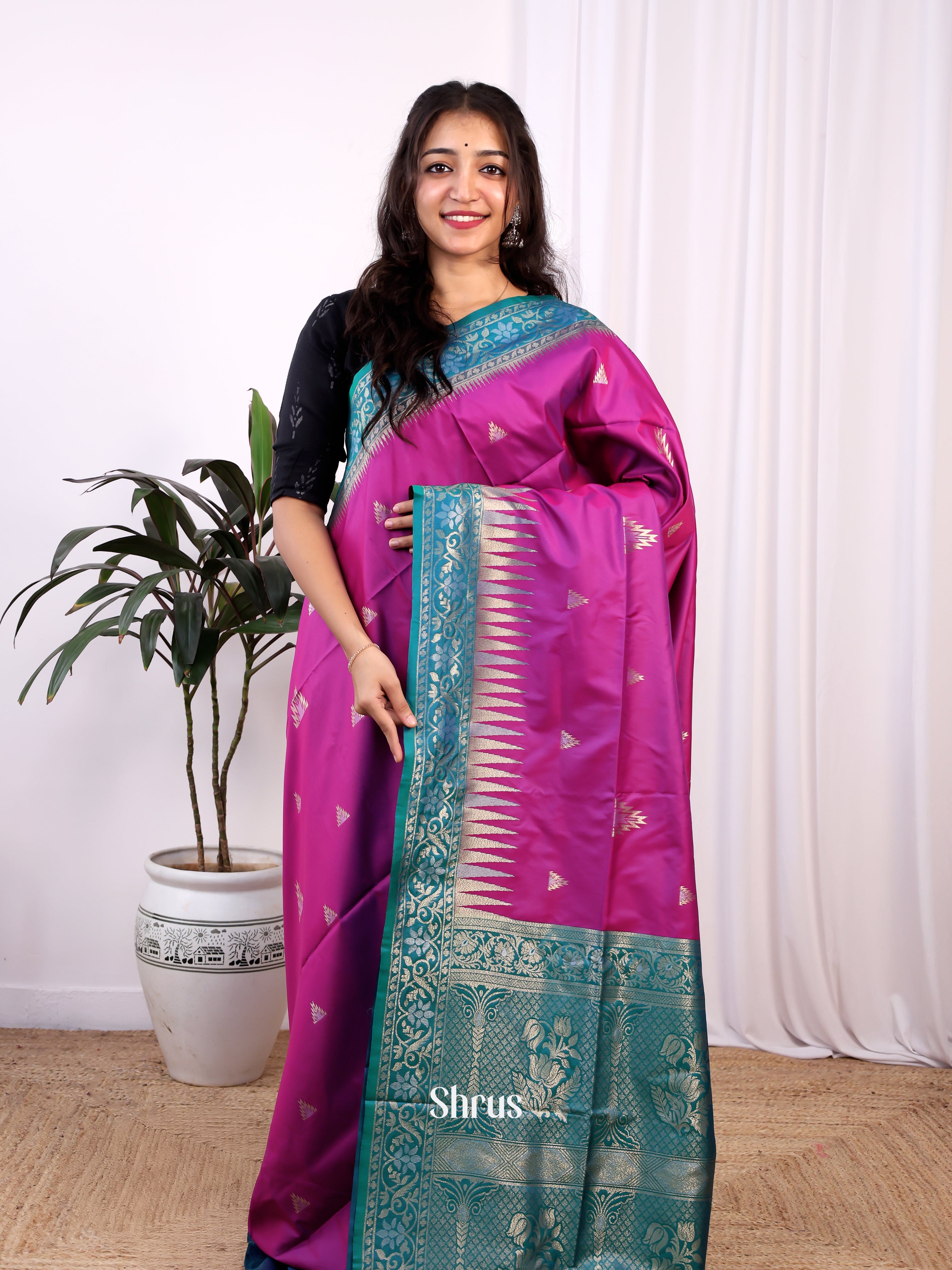 Majenta & Green - Semi Softsilk Saree - Shop on Shrus.com
