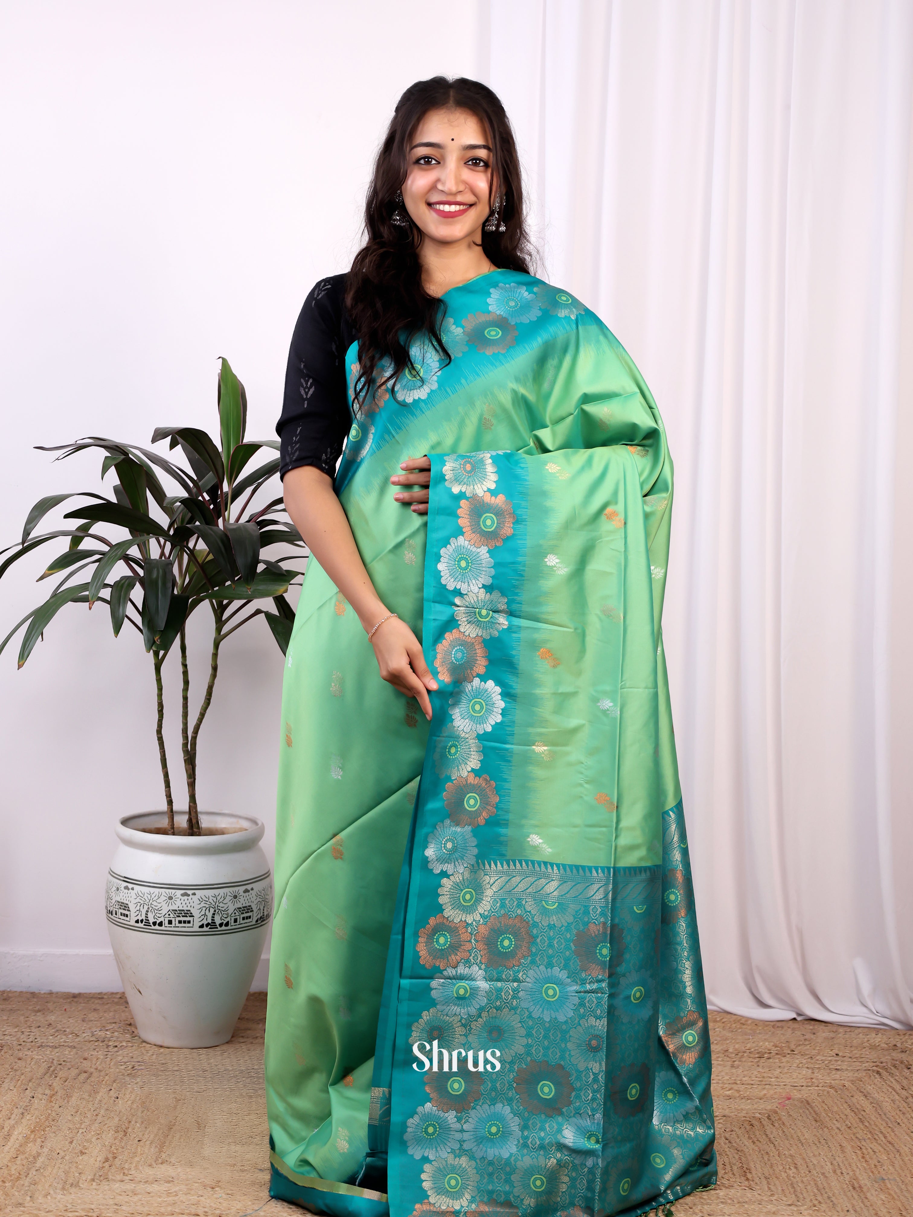 Green & Blue - Semi Softsilk Saree - Shop on Shrus.com