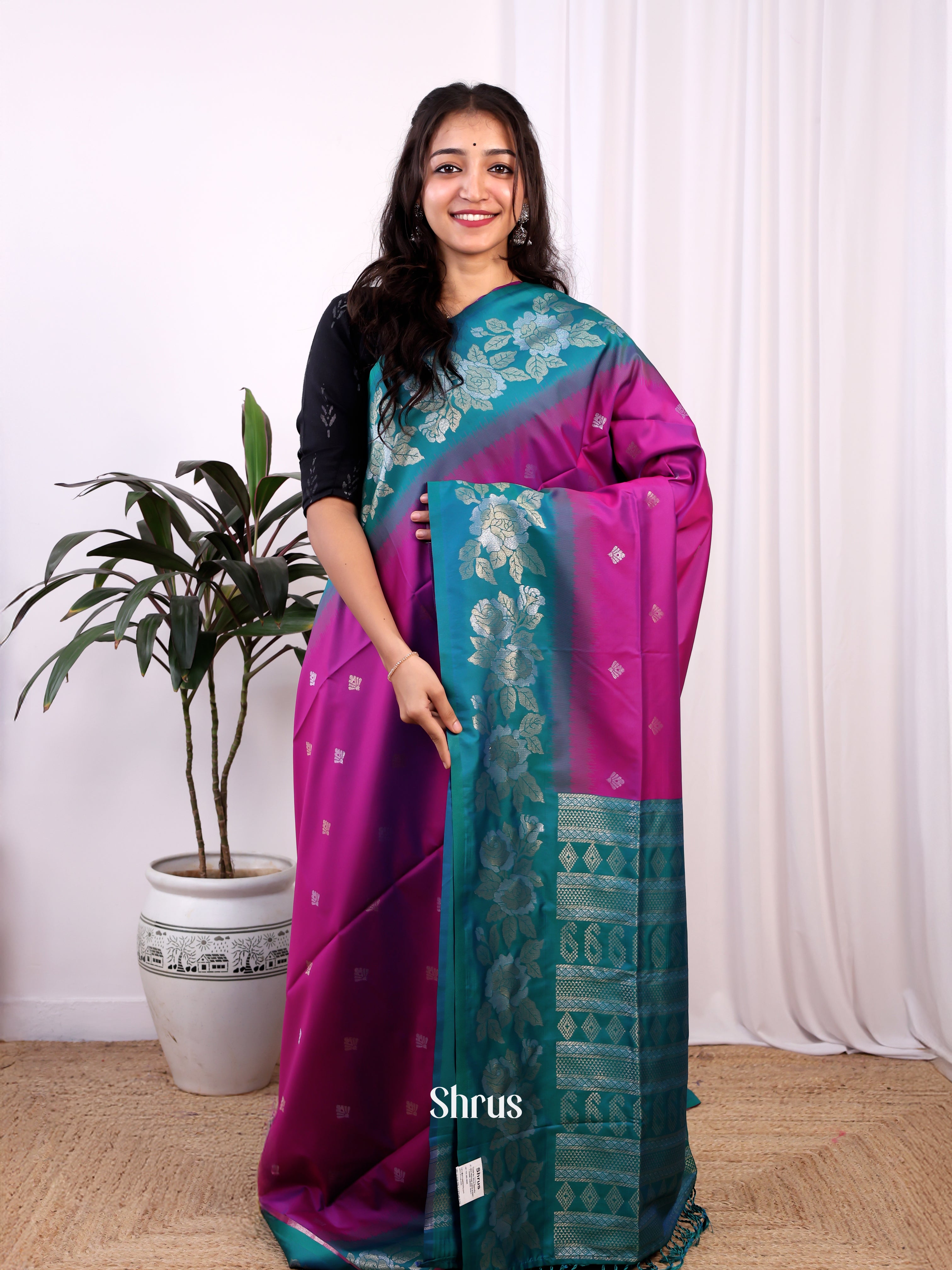 Majenta & Teal- Semi Softsilk Saree - Shop on Shrus.com