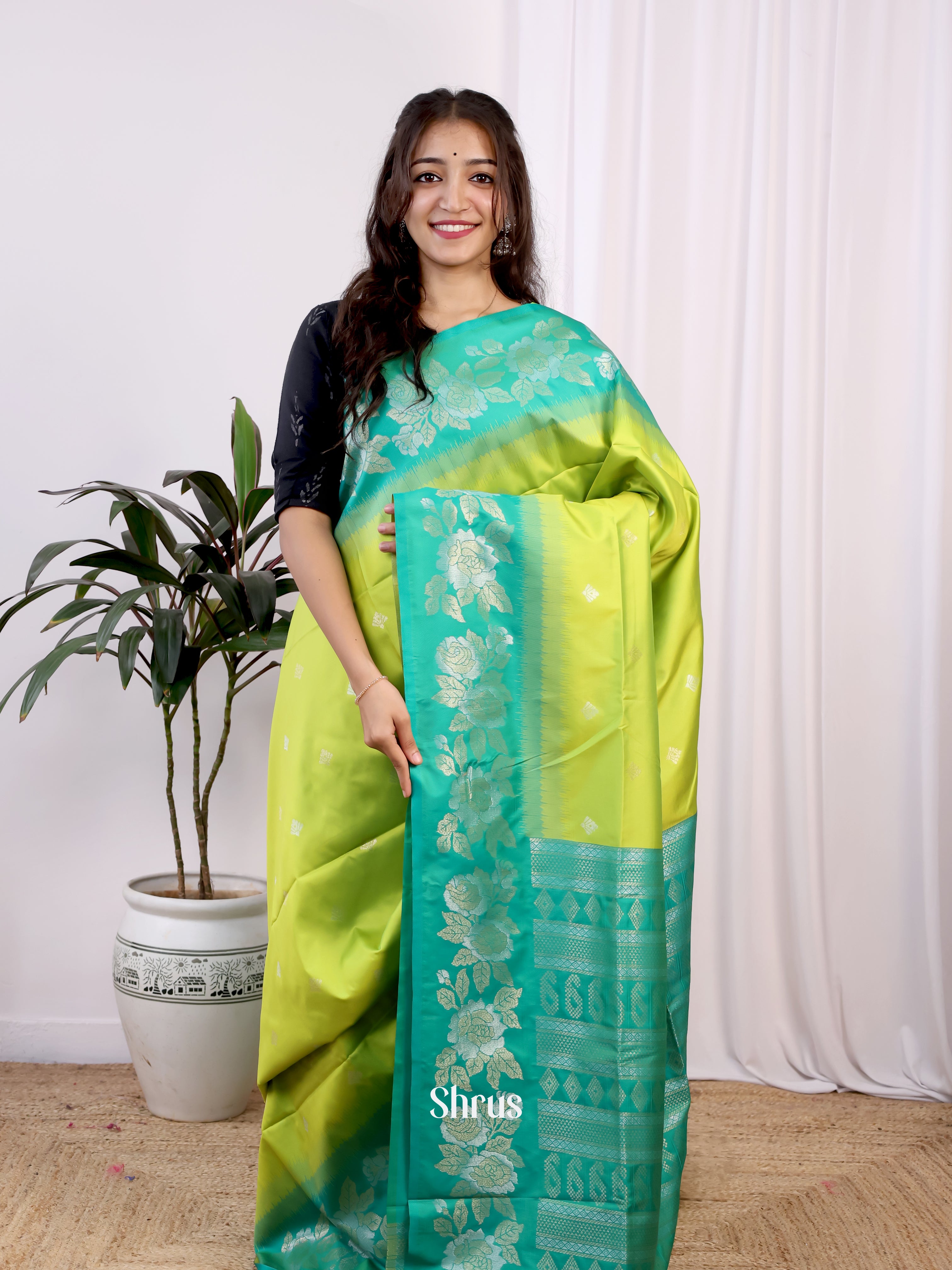 Lime Green & Green- Semi Softsilk Saree - Shop on Shrus.com