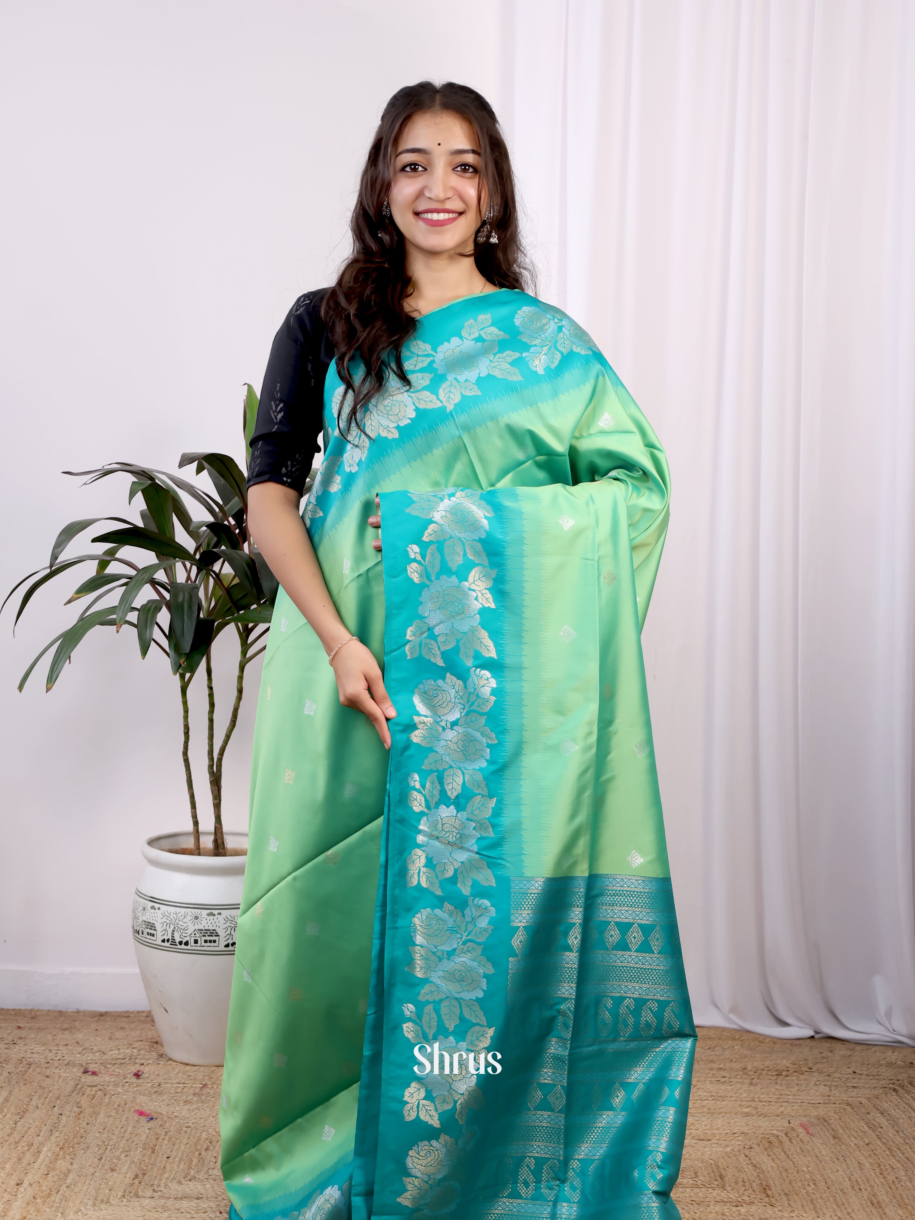 Pista Green & Green- Semi Softsilk Saree - Shop on Shrus.com