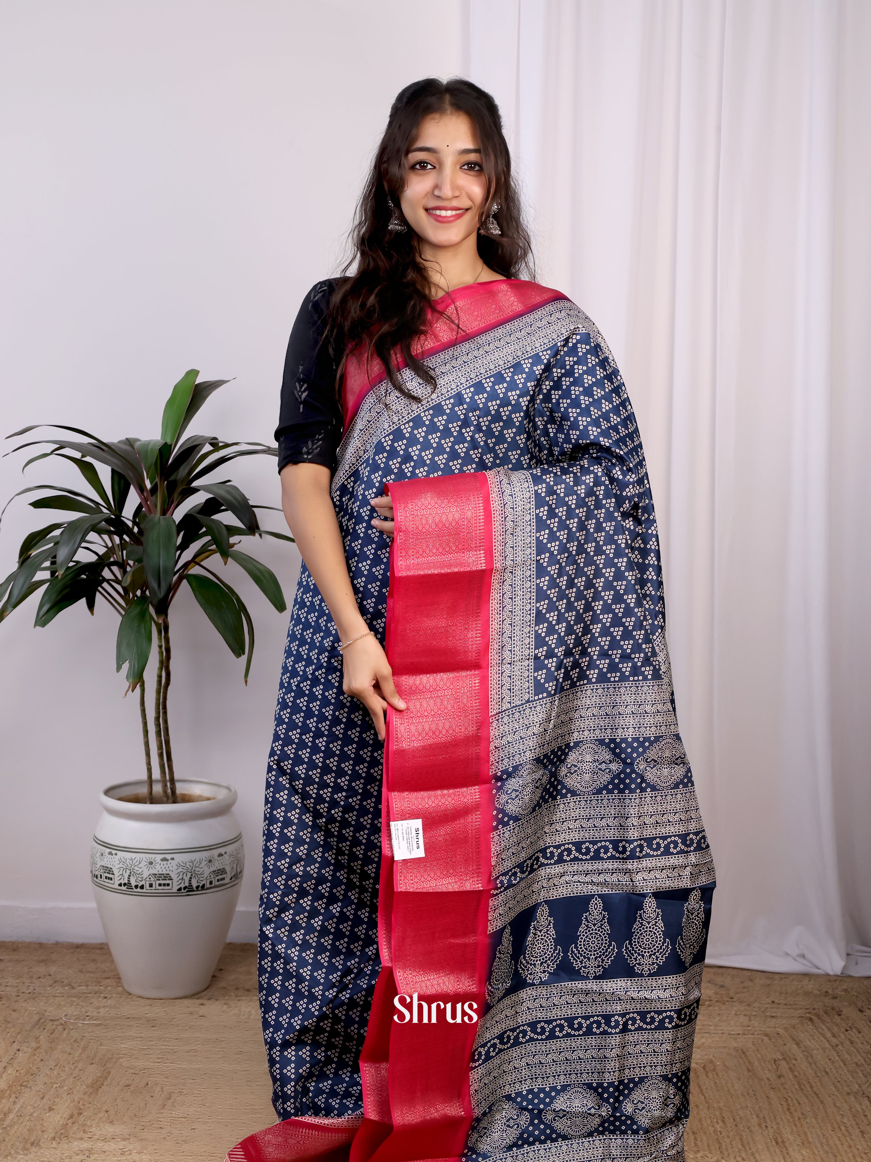 Blue & Pink - Semi Crepe Saree - Shop on Shrus.com