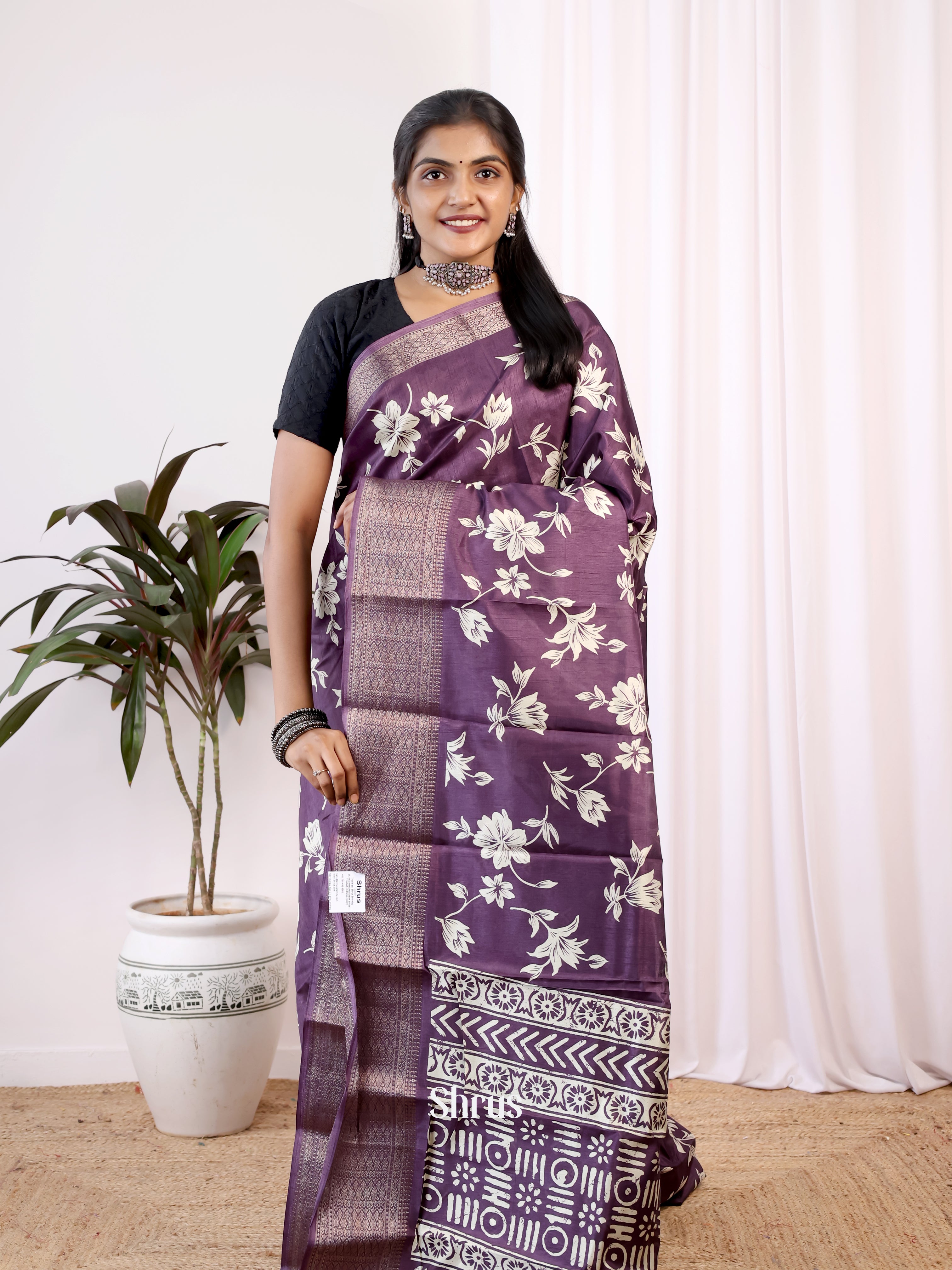 Purple- Semi Crepe Saree - Shop on Shrus.com