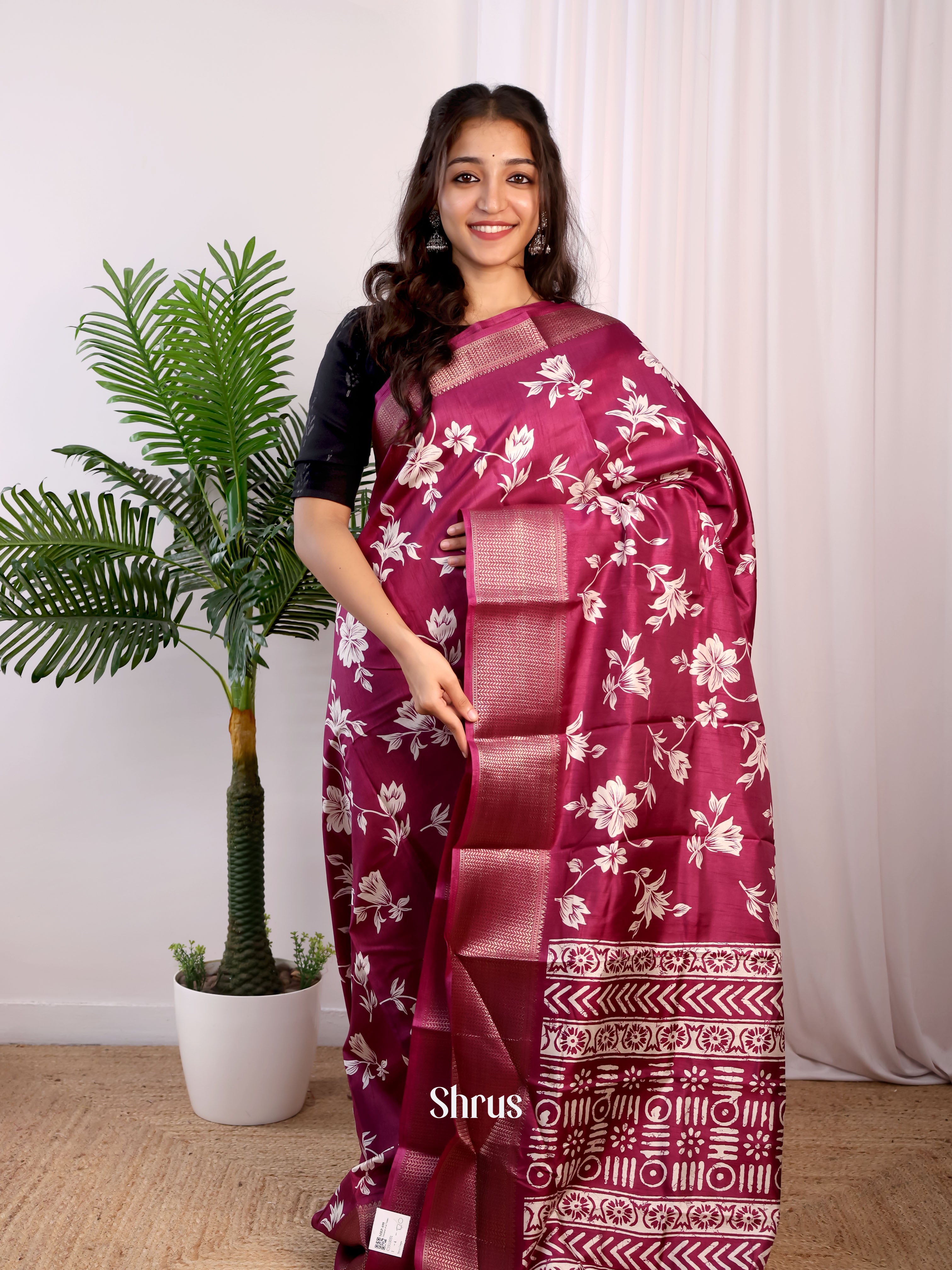 Wine - Semi Crepe Saree - Shop on Shrus.com