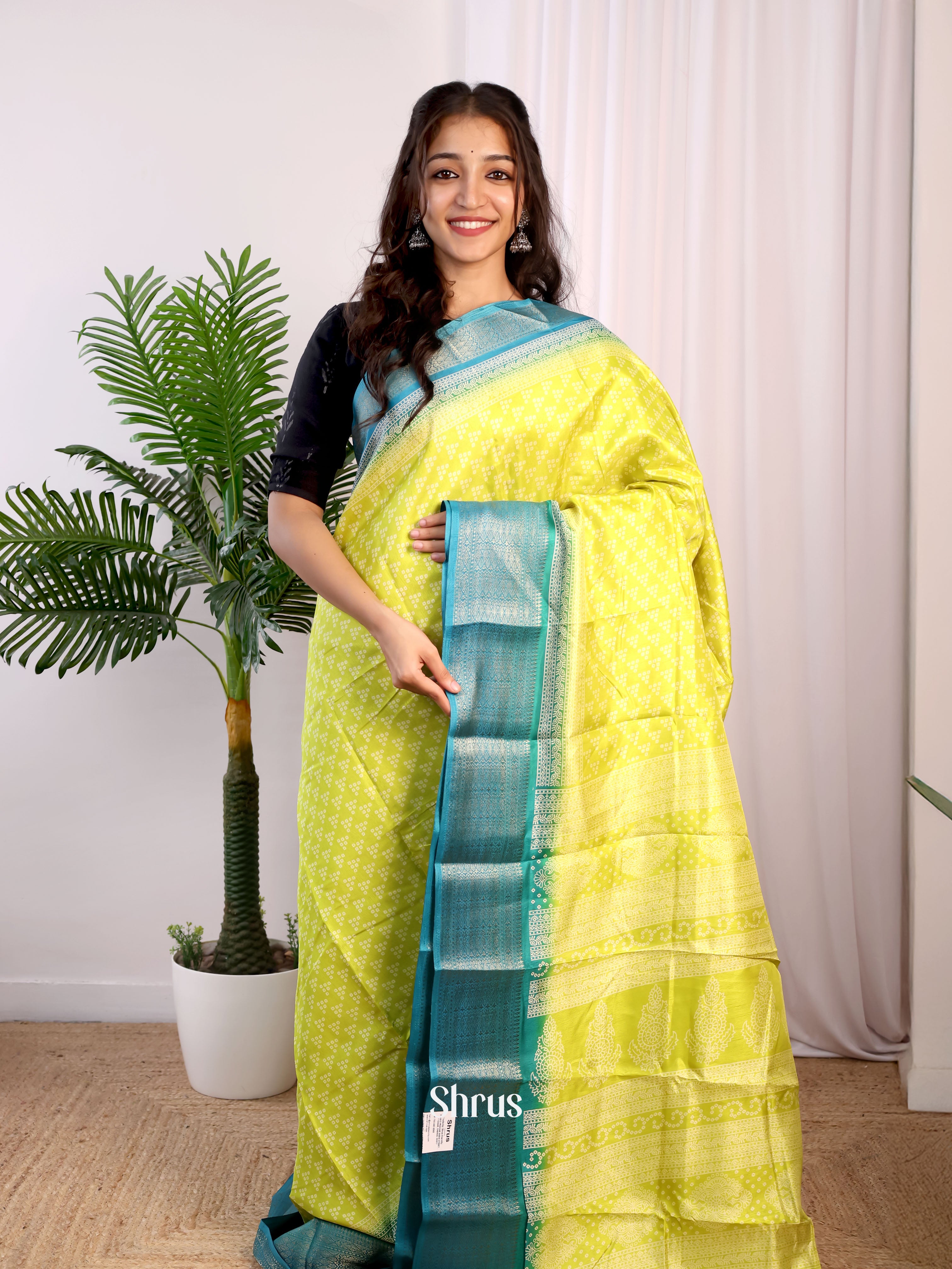 Lime Green & Green - Semi Crepe Saree - Shop on Shrus.com