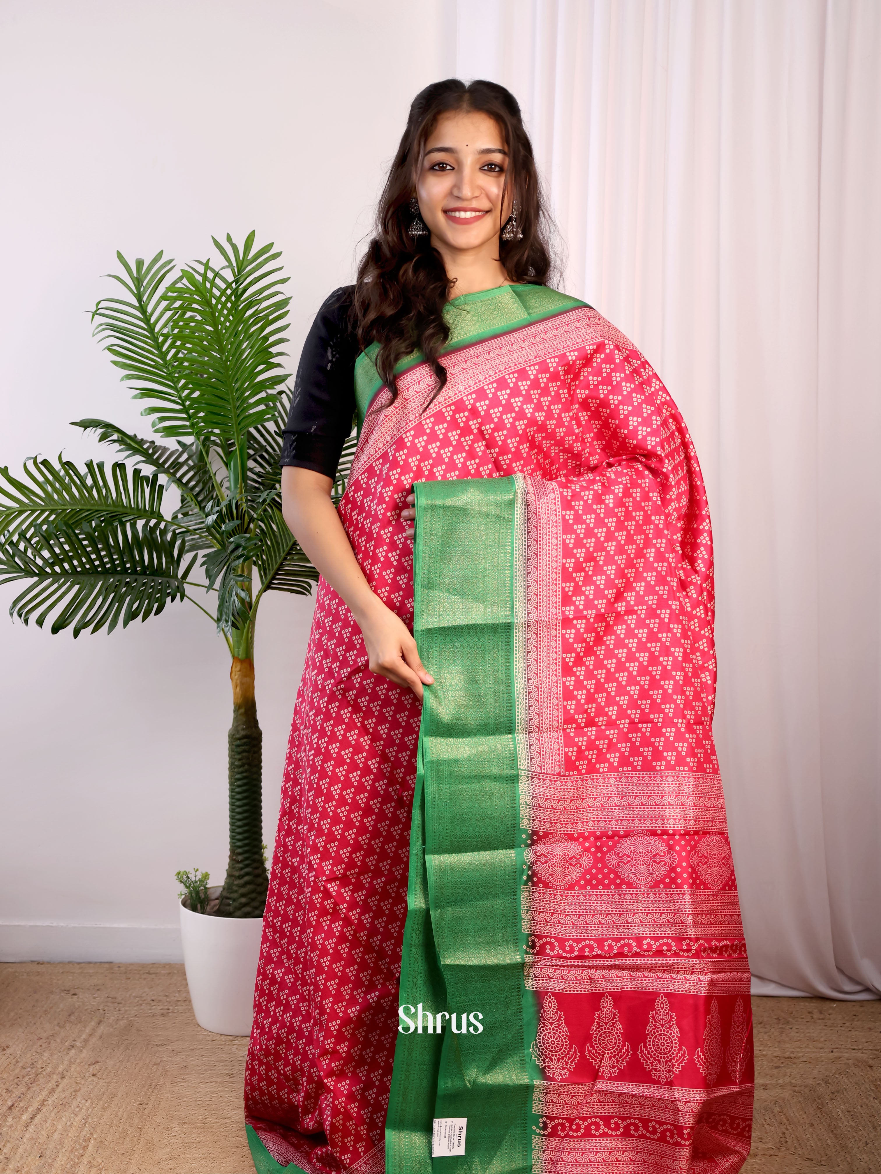 Pink & Green - Semi Crepe Saree - Shop on Shrus.com