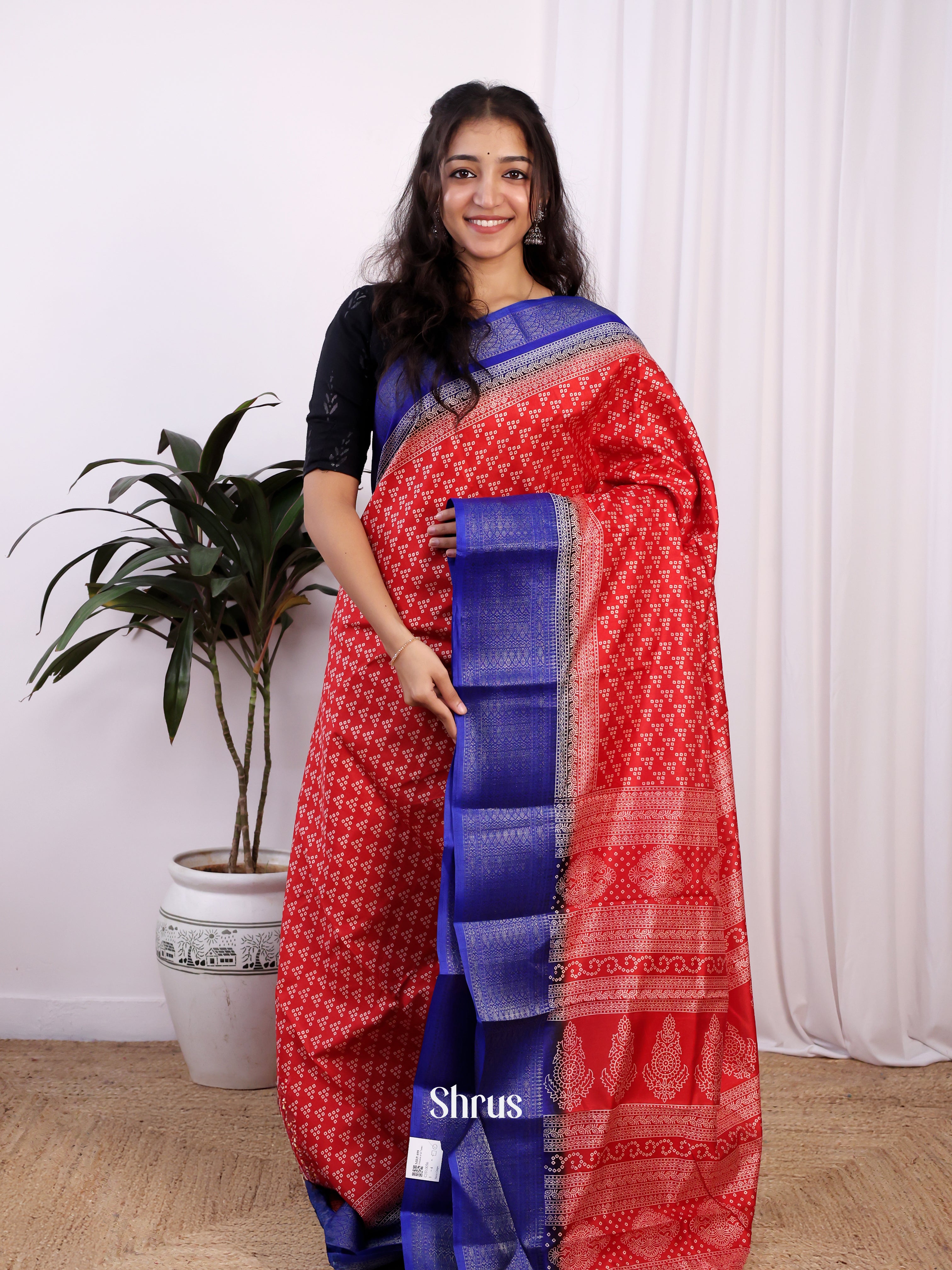 Red & Blue- Semi Crepe Saree - Shop on Shrus.com