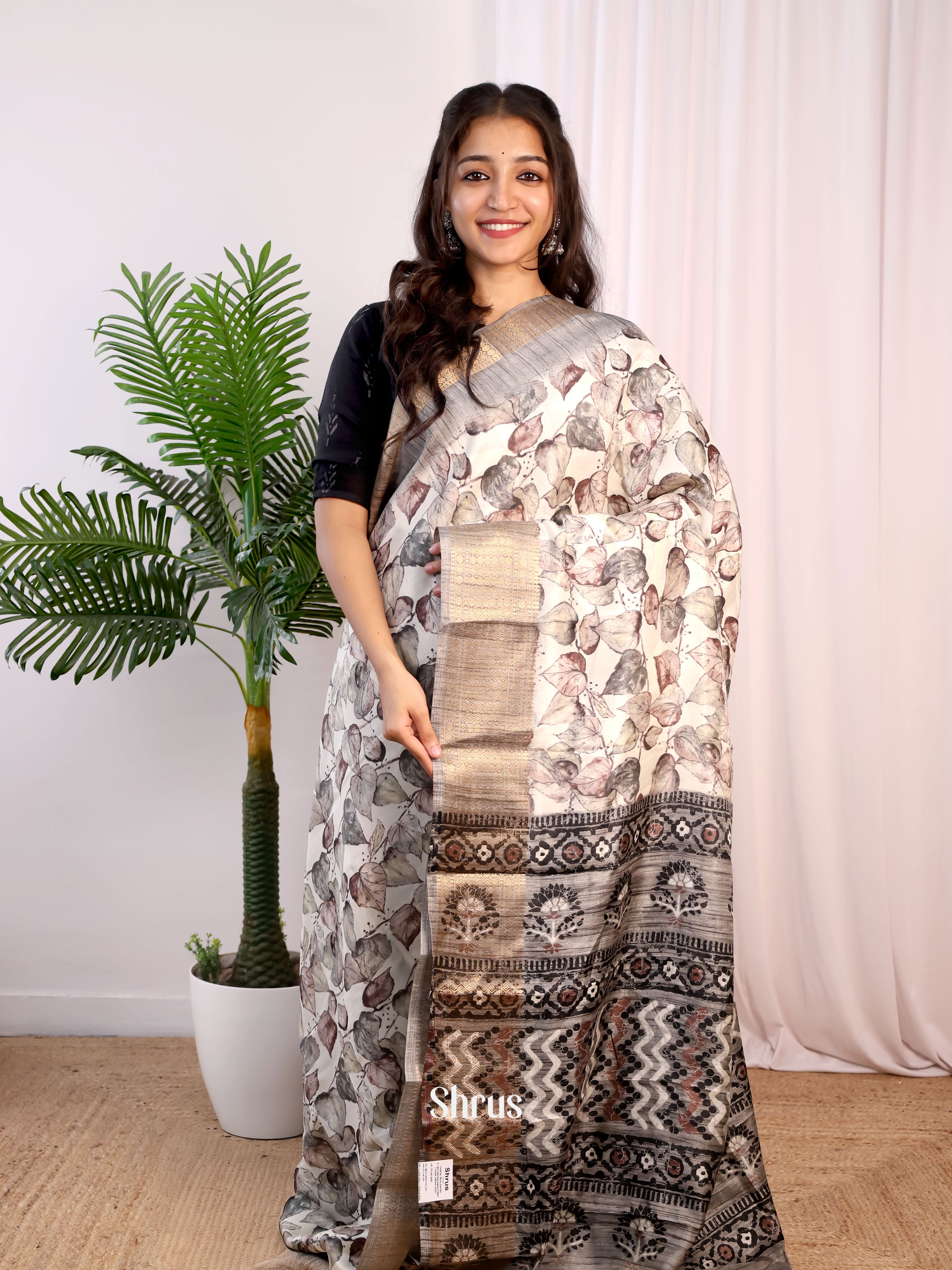 Cream & Grey - Semi Crepe Saree - Shop on Shrus.com