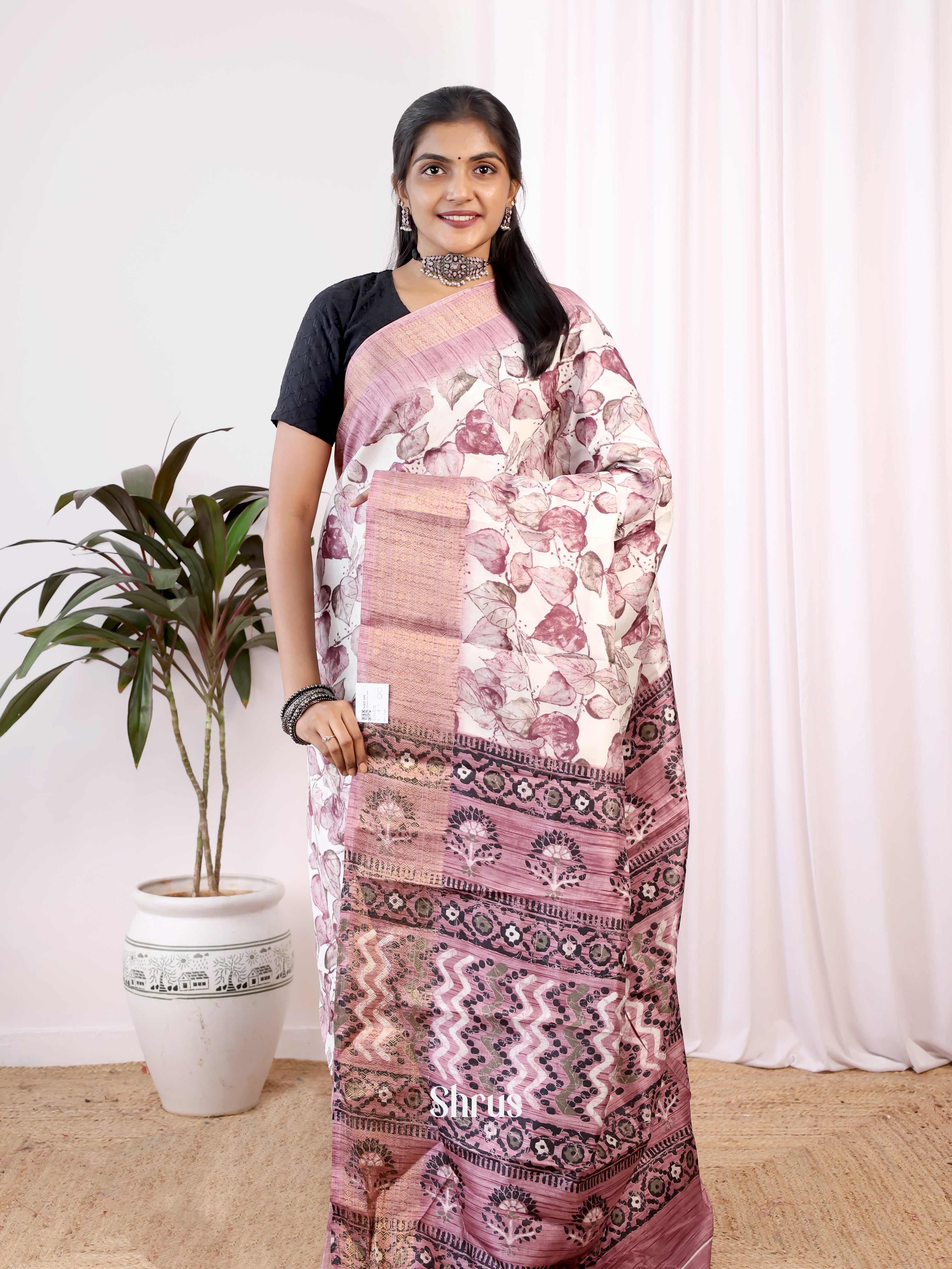 Cream & Onion Pink- Semi Crepe Saree - Shop on Shrus.com