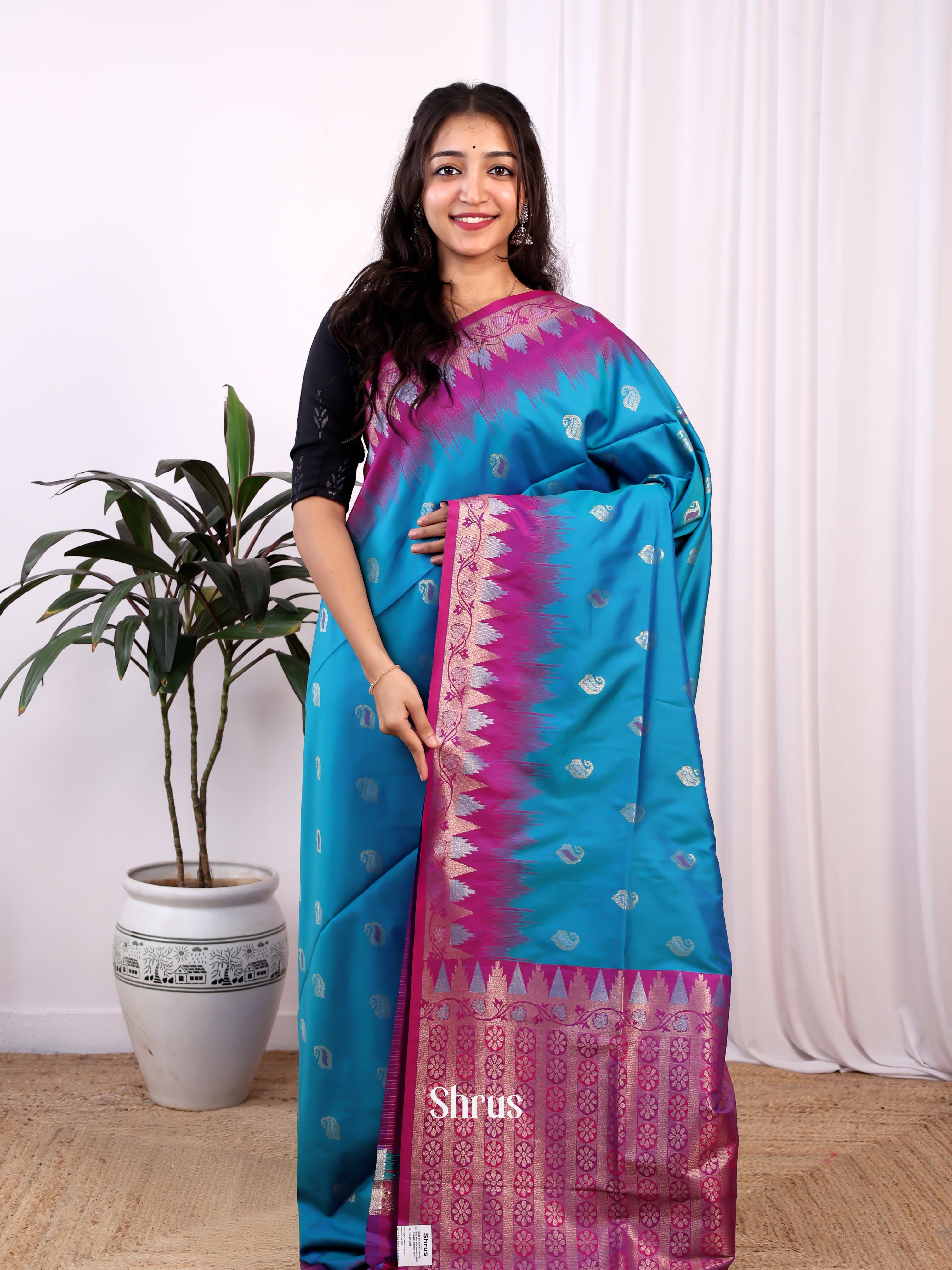 Blue & Purple - Semi Softsilk Saree - Shop on Shrus.com