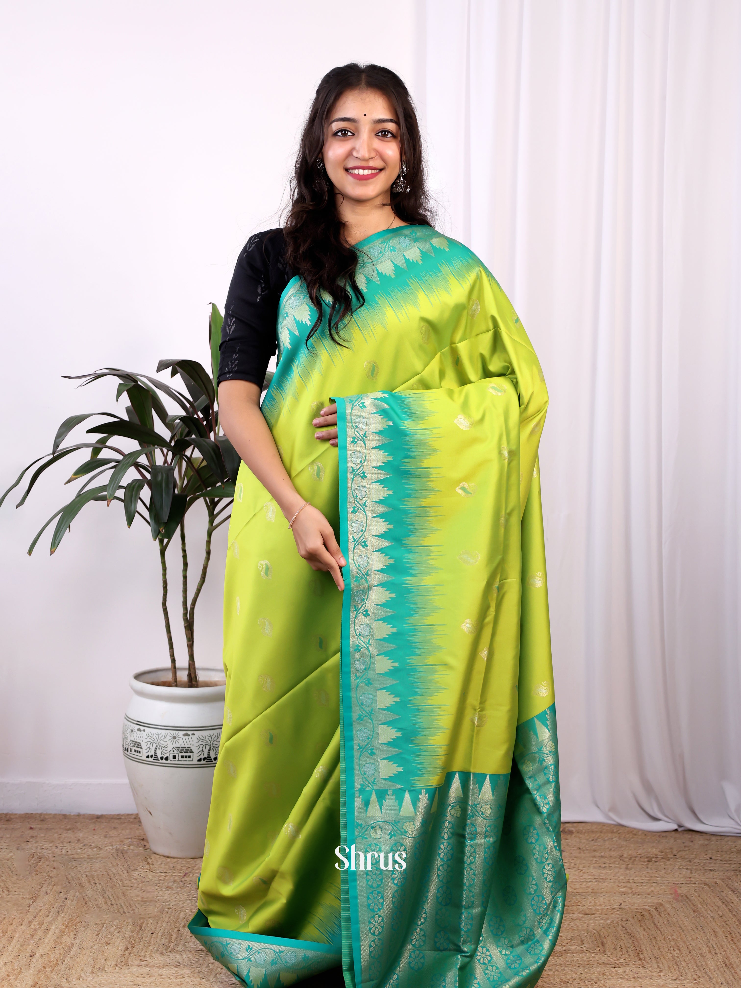 Lime Green & Green- Semi Softsilk Saree - Shop on Shrus.com