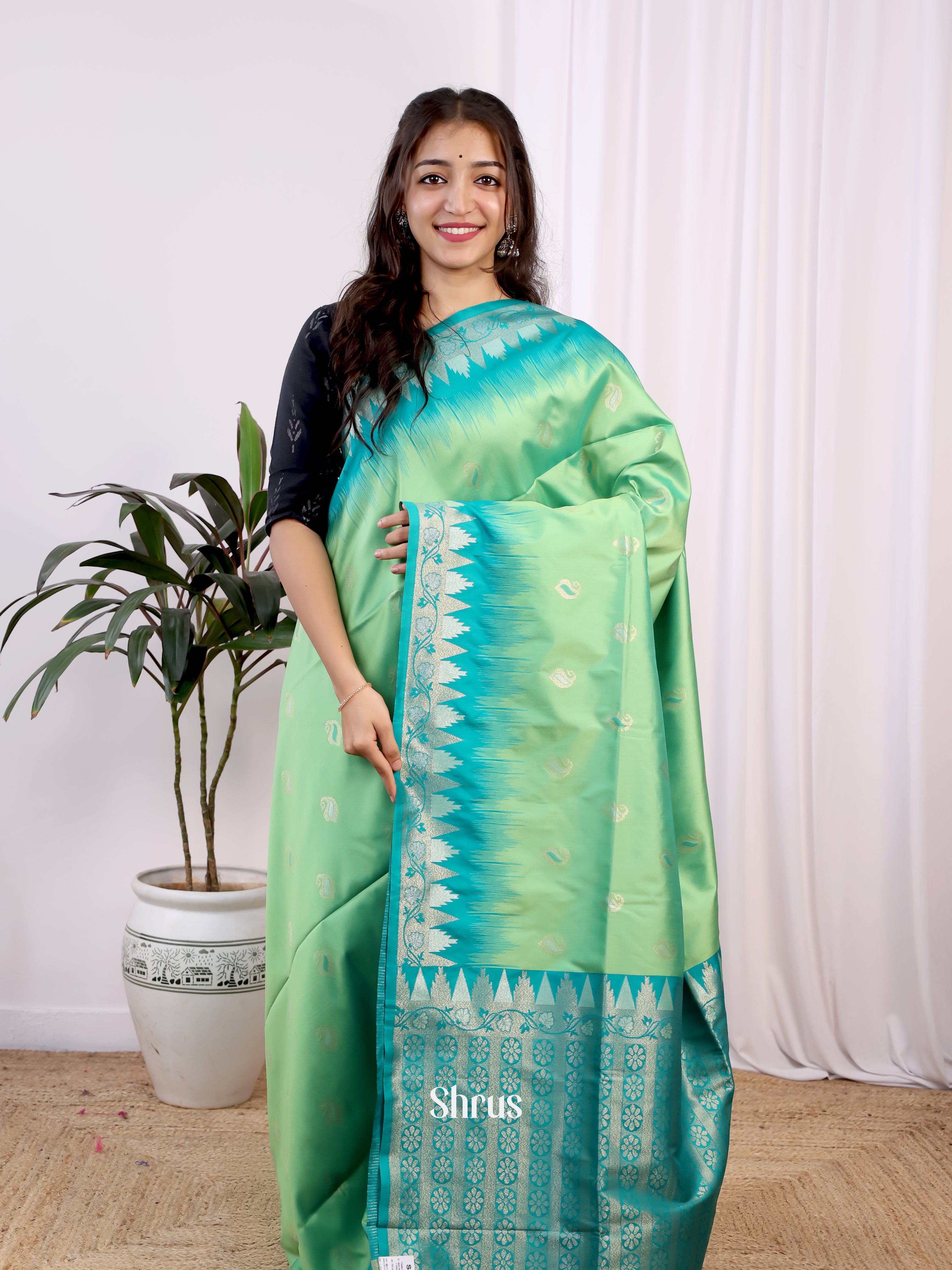 Pista Green & Green- Semi Softsilk Saree - Shop on Shrus.com