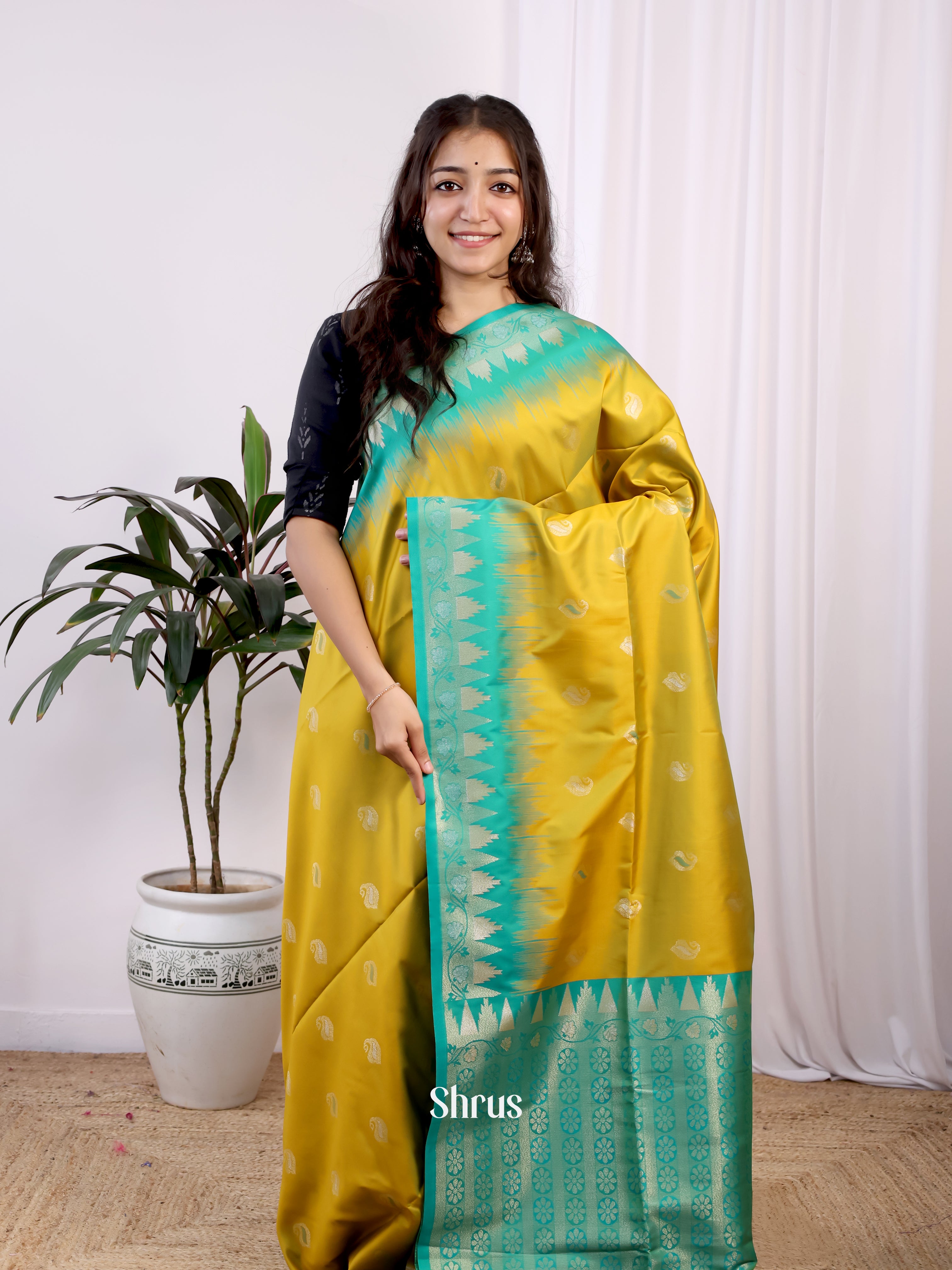 Mustardy Green & Green- Semi Softsilk Saree - Shop on Shrus.com