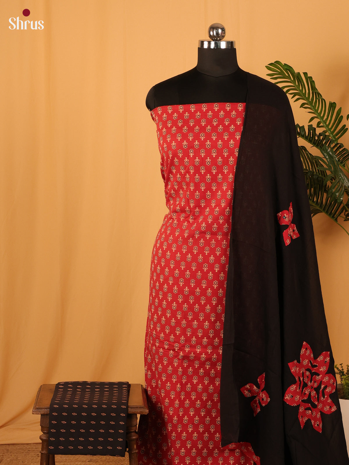Red & Black - Ajrakh Salwar Unstitched Top, Bottom & Dupatta - CJS10393 - Shop on Shrus.com