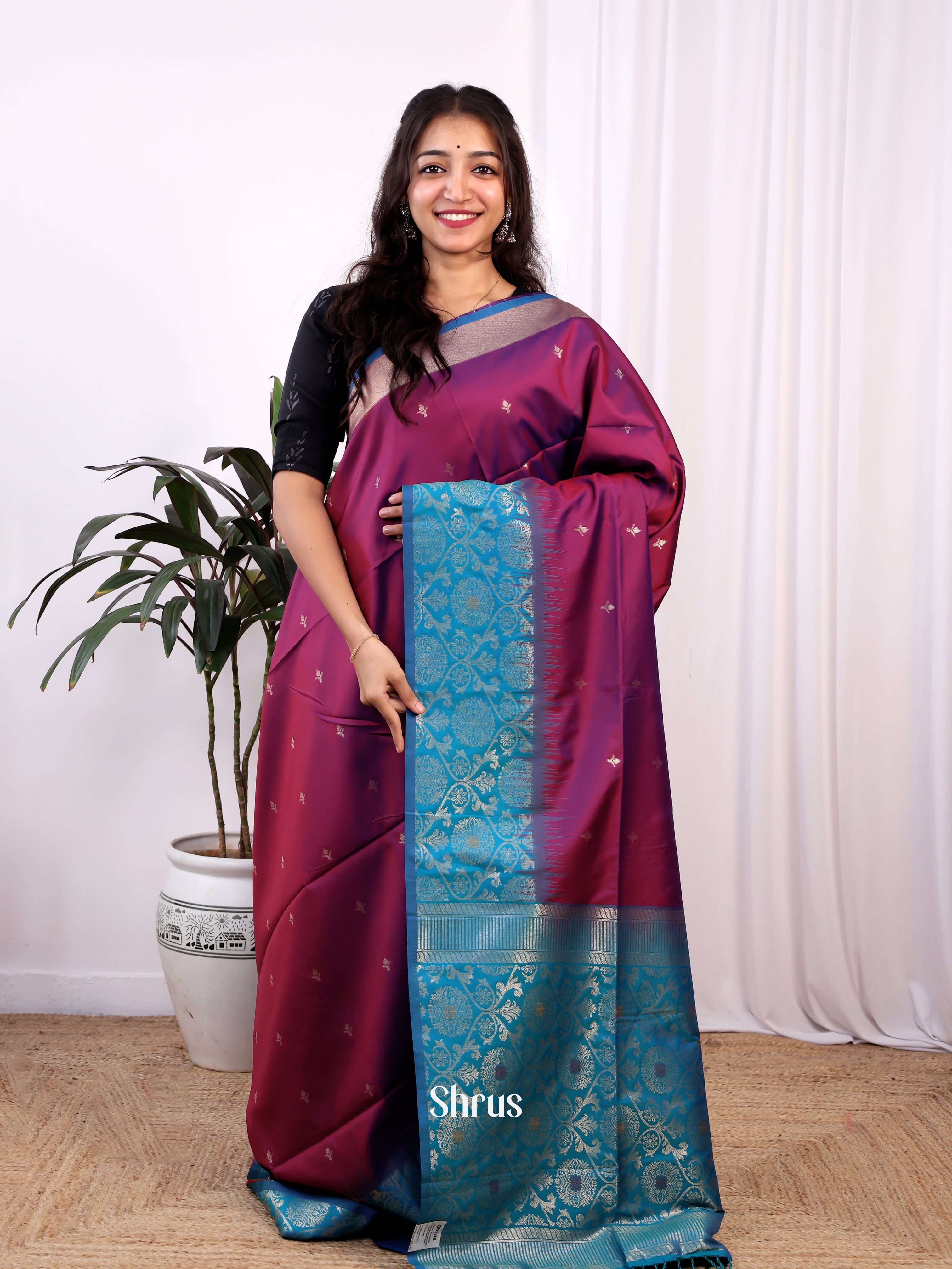 Purple & Blue - Semi Softsilk Saree - Shop on Shrus.com