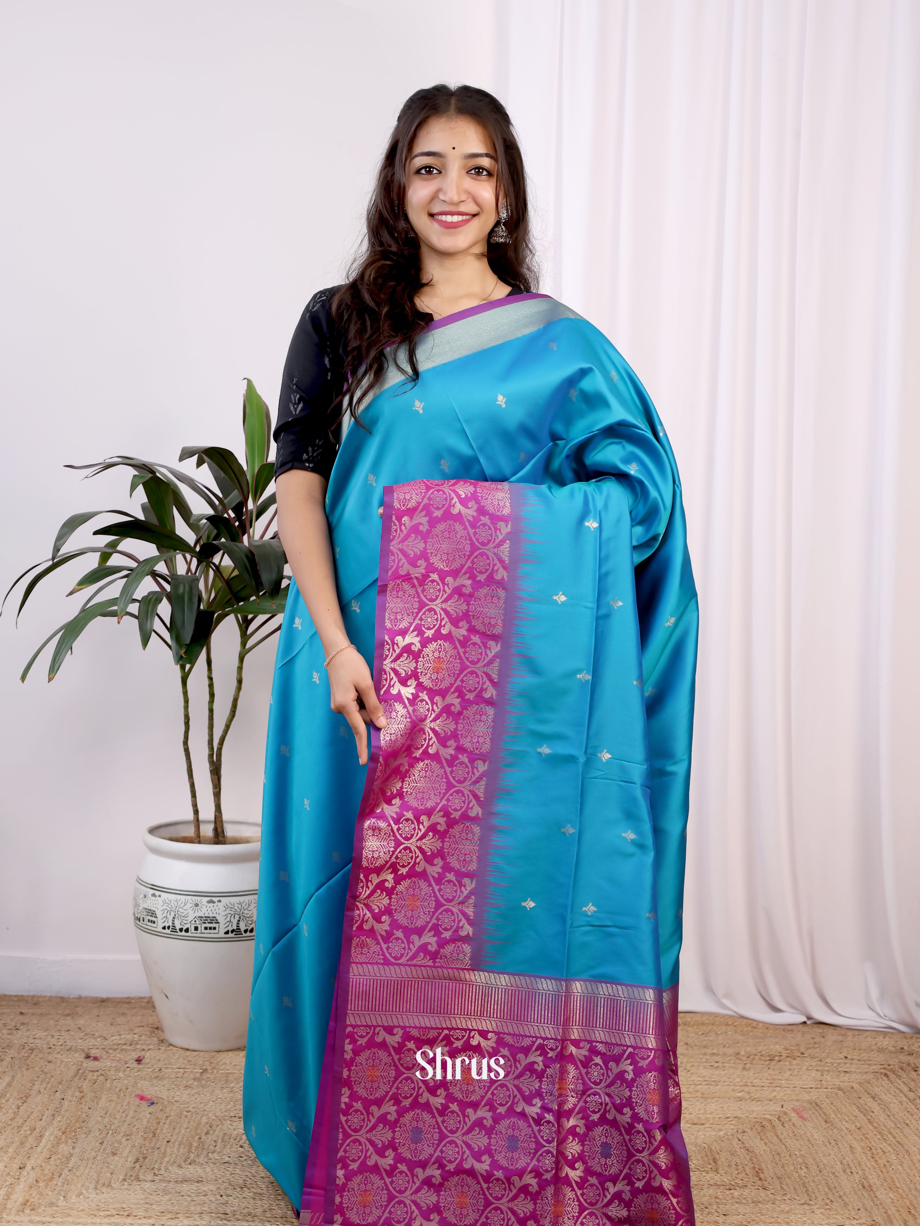 Blue & Purple- Semi Softsilk Saree - Shop on Shrus.com