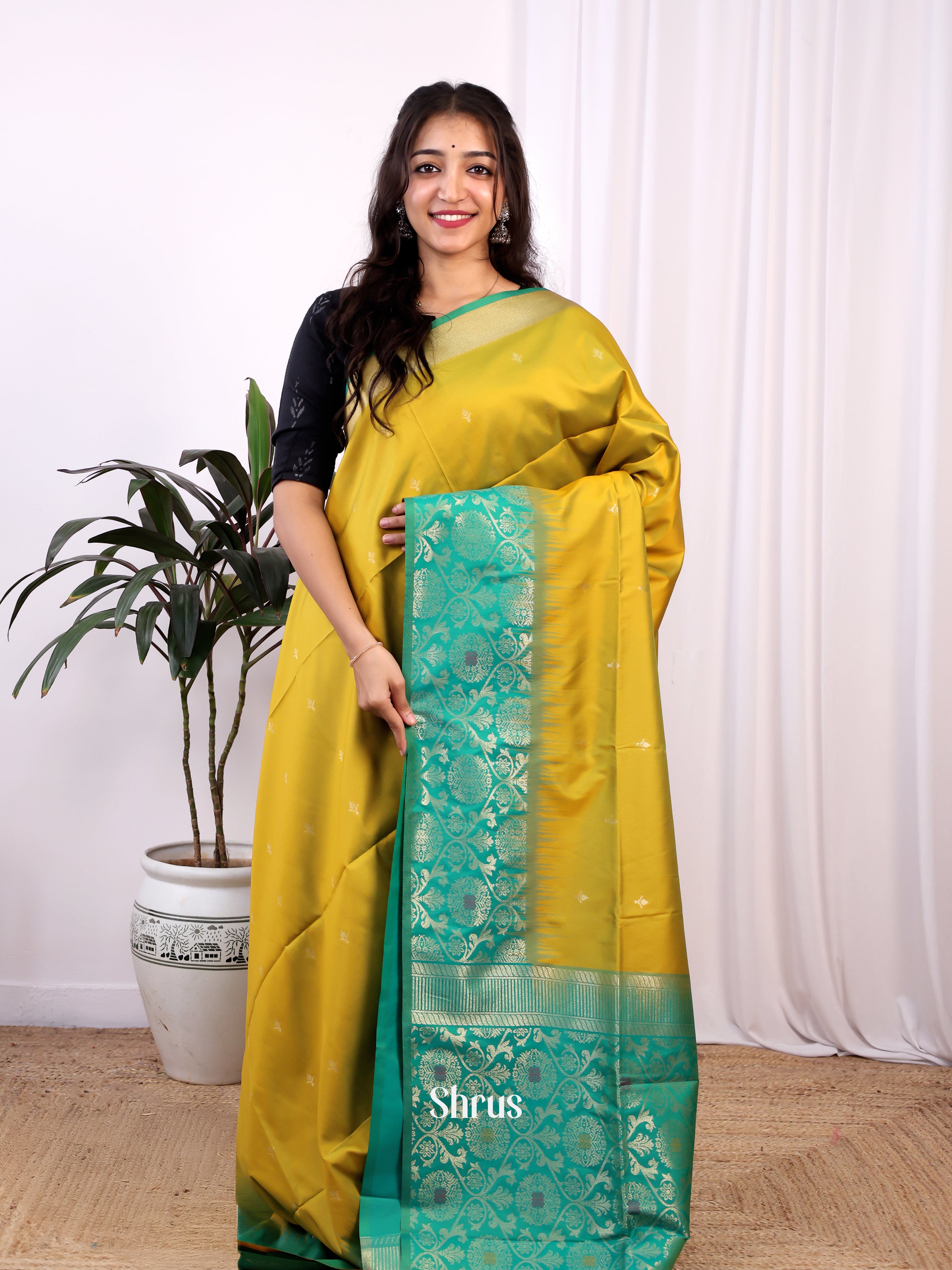 Mustardy Green & Green - Semi Softsilk Saree - Shop on Shrus.com