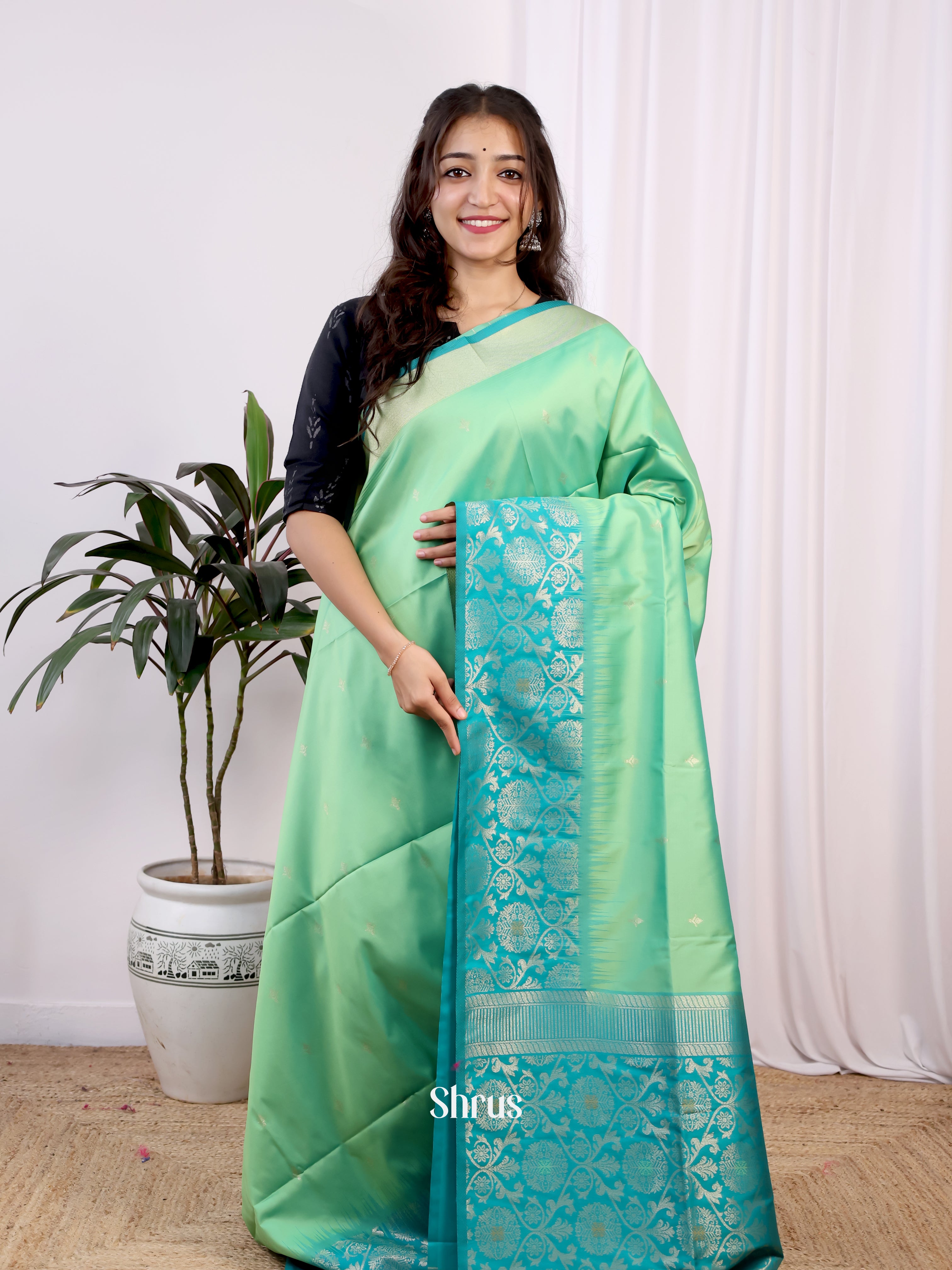 Pista Green & Green- Semi Softsilk Saree - Shop on Shrus.com