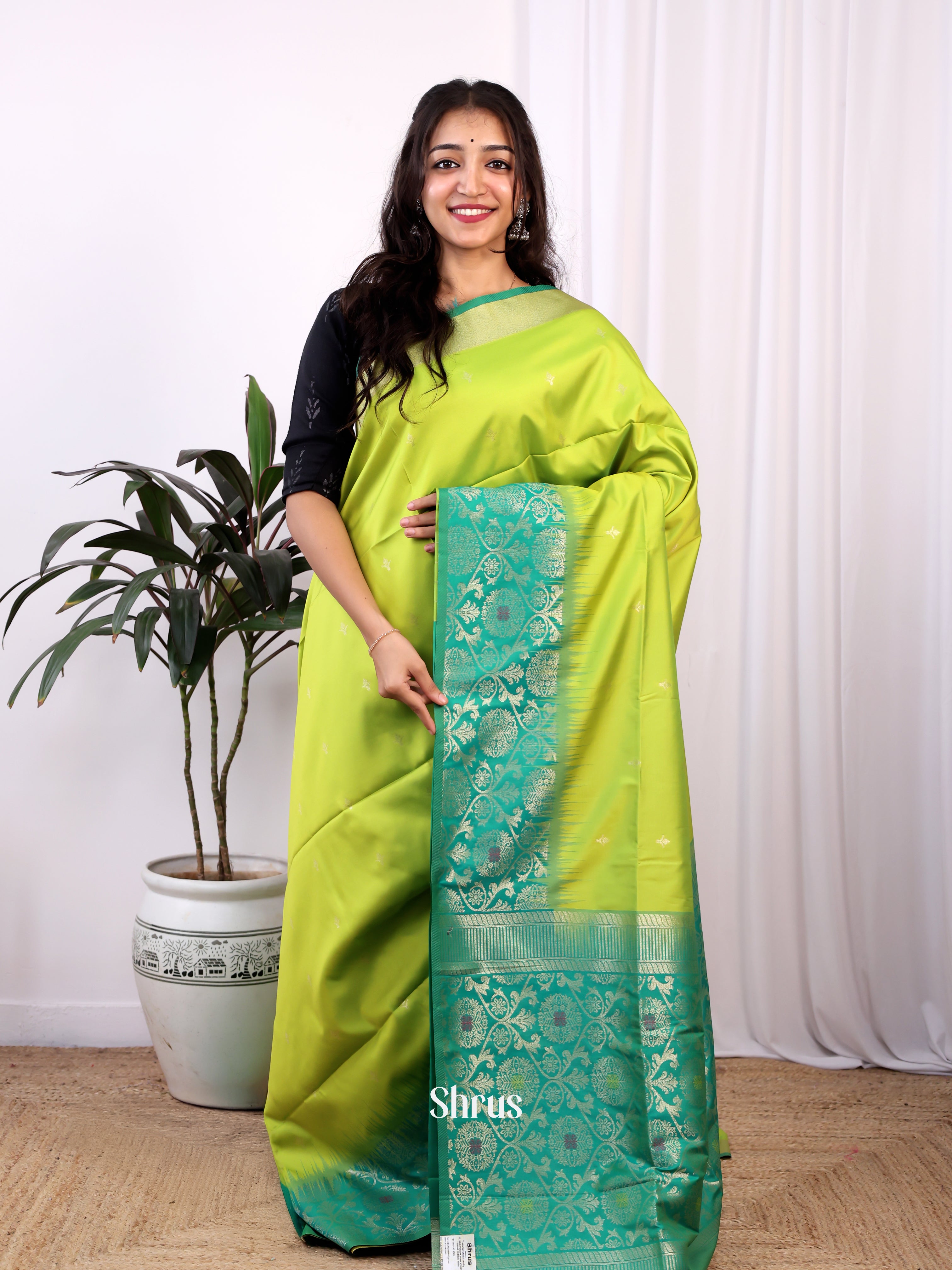 Lite Green & Green - Semi Softsilk Saree - Shop on Shrus.com