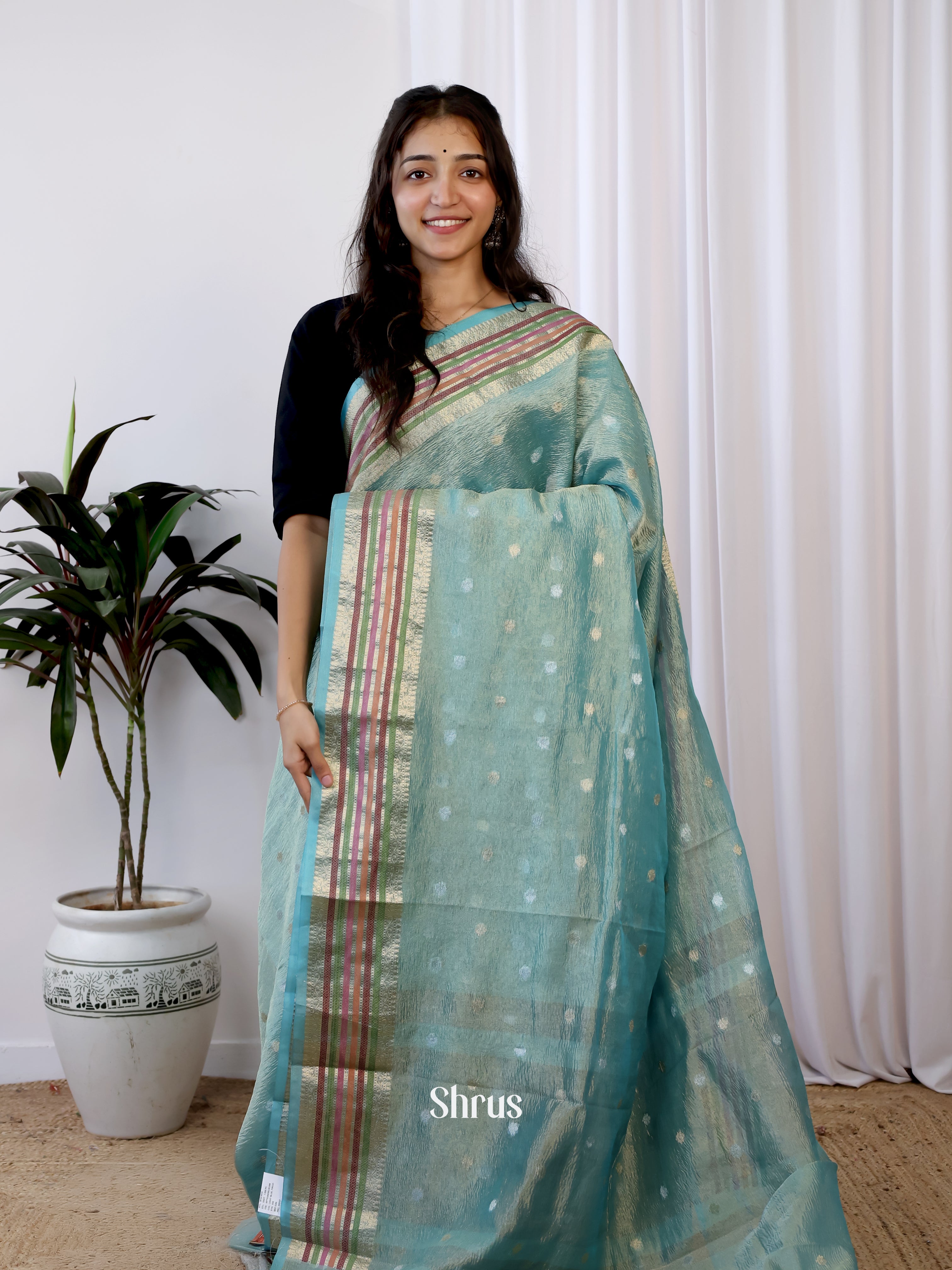 Blue- Bamboo silk Saree - Shop on Shrus.com