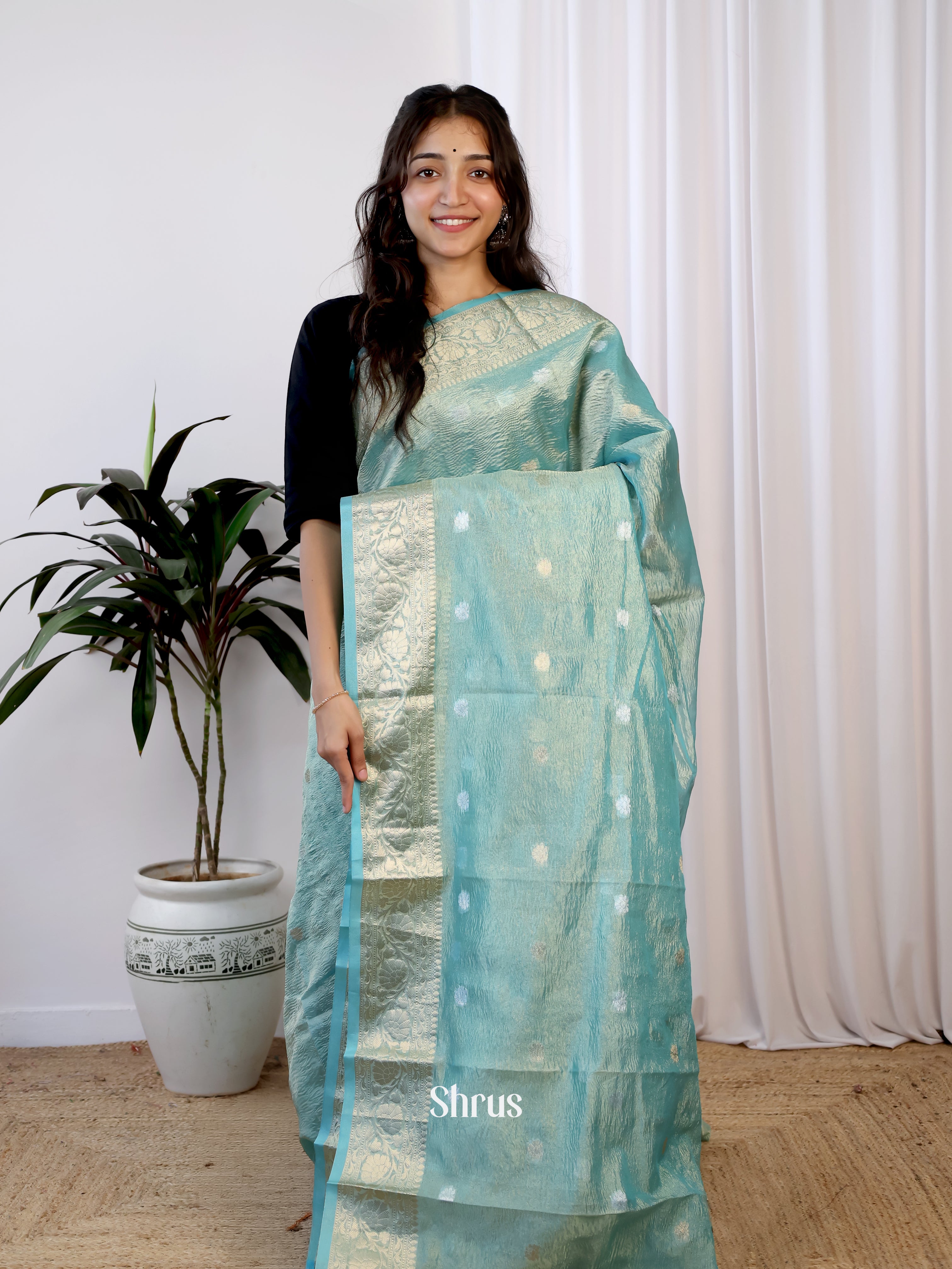 Blue- Bamboo silk Saree - Shop on Shrus.com