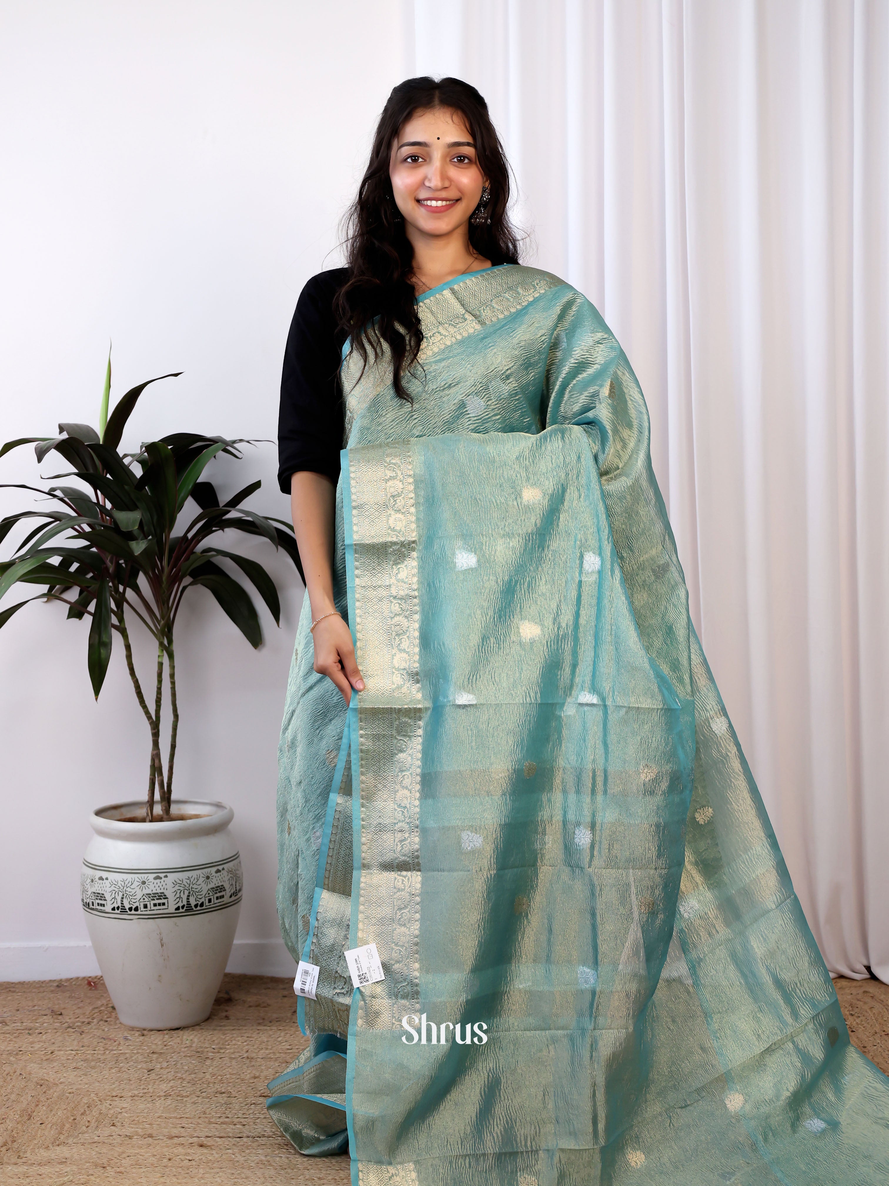 bluish green- Bamboo silk Saree - Shop on Shrus.com
