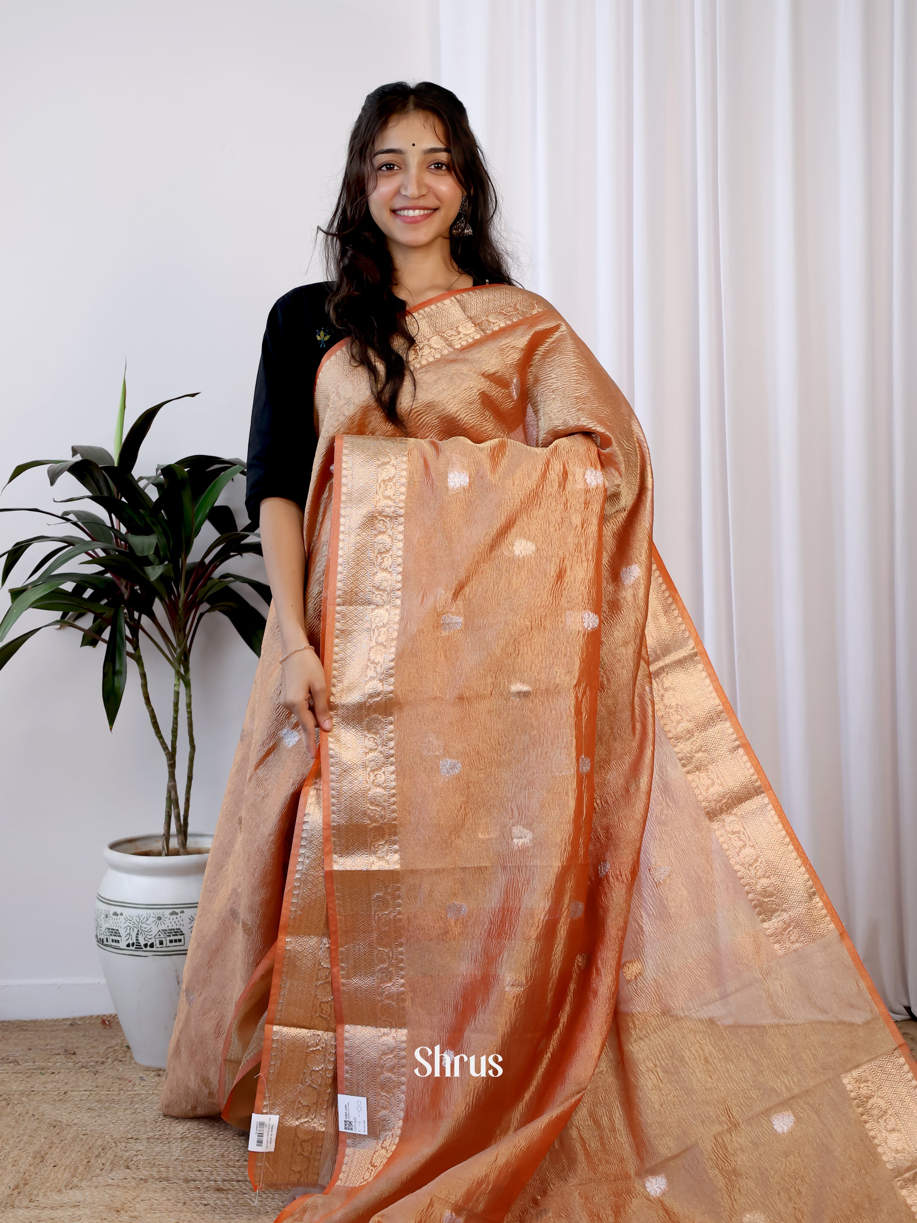 Orange- Bamboo silk Saree - Shop on Shrus.com
