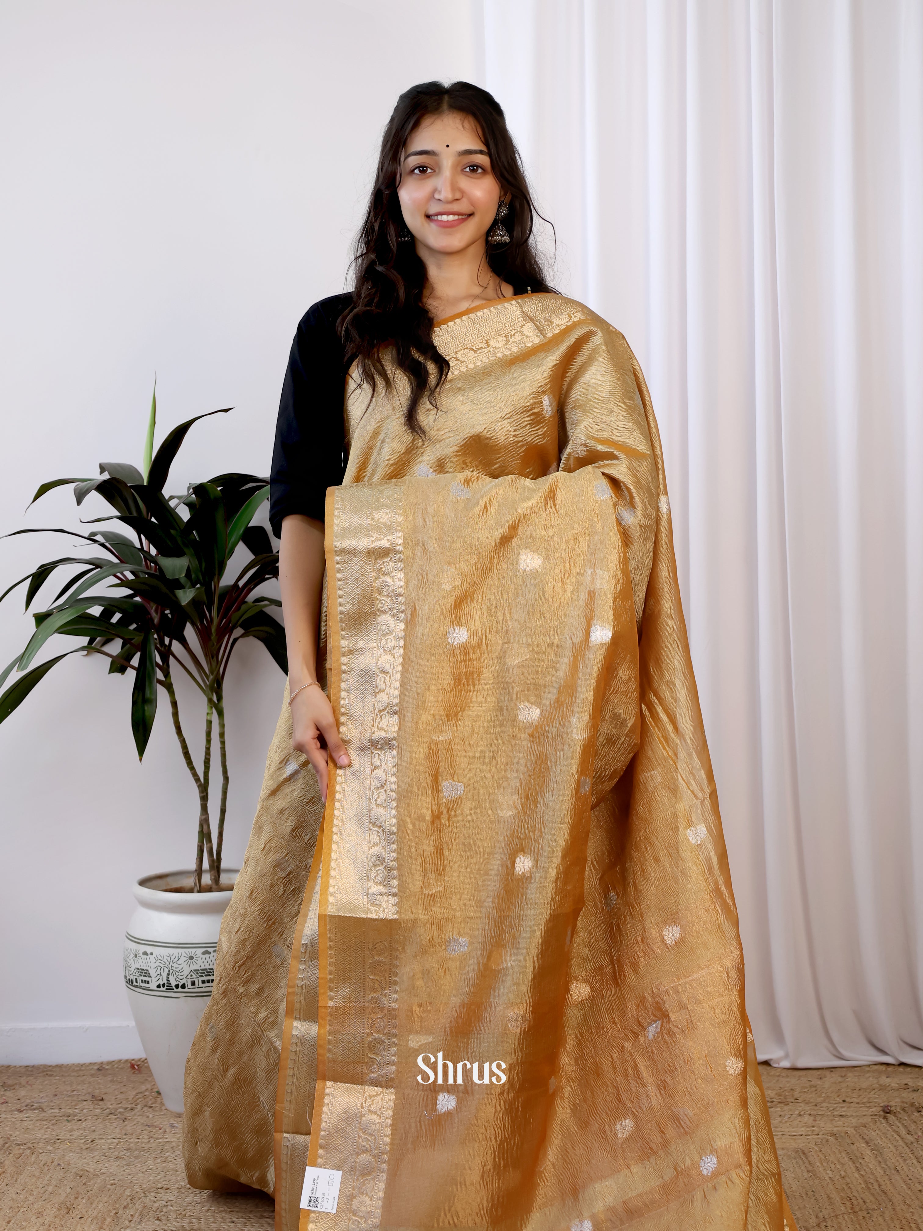 Gold- Bamboo silk Saree - Shop on Shrus.com