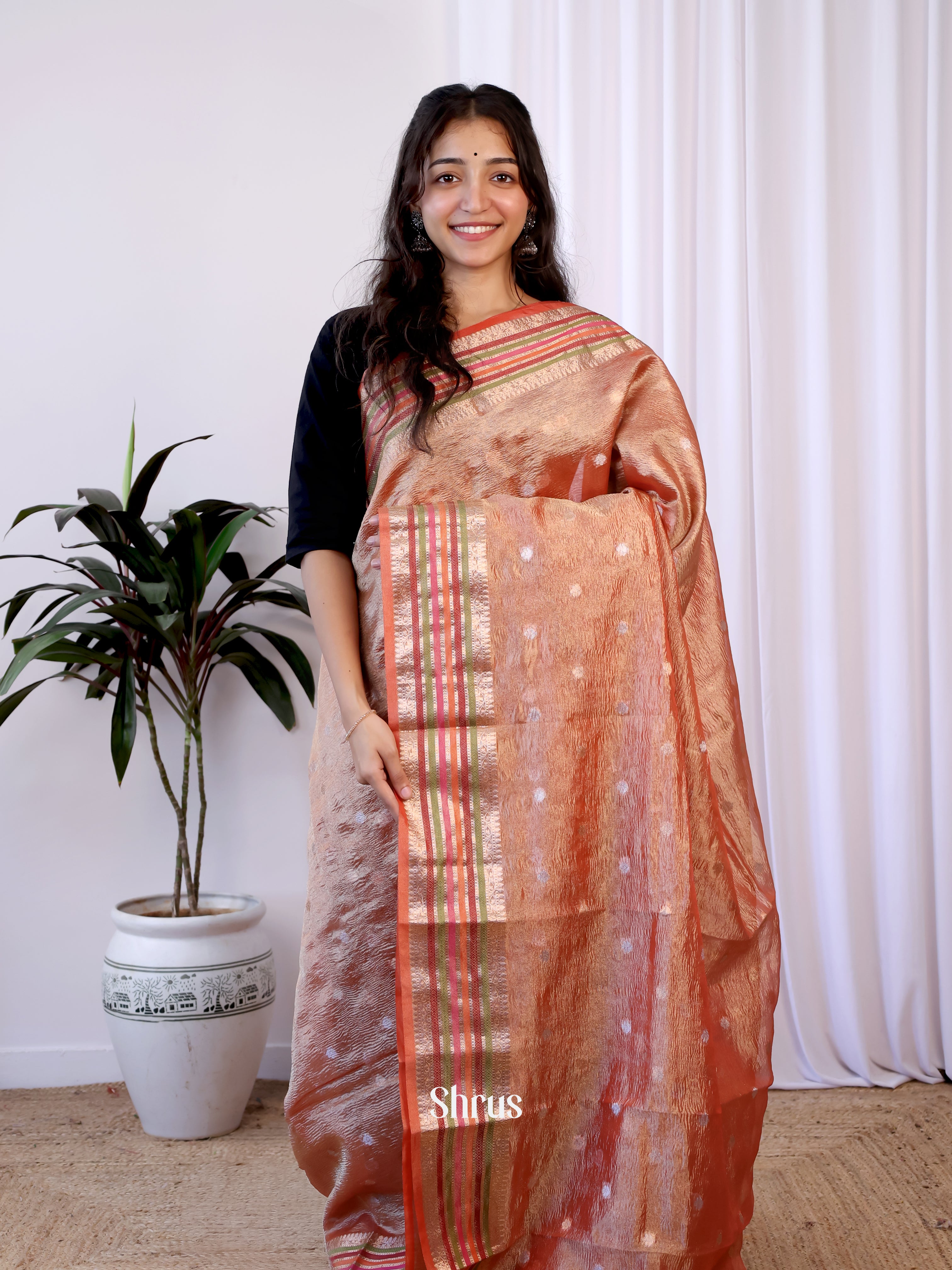 Orange - Bamboo silk Saree - Shop on Shrus.com