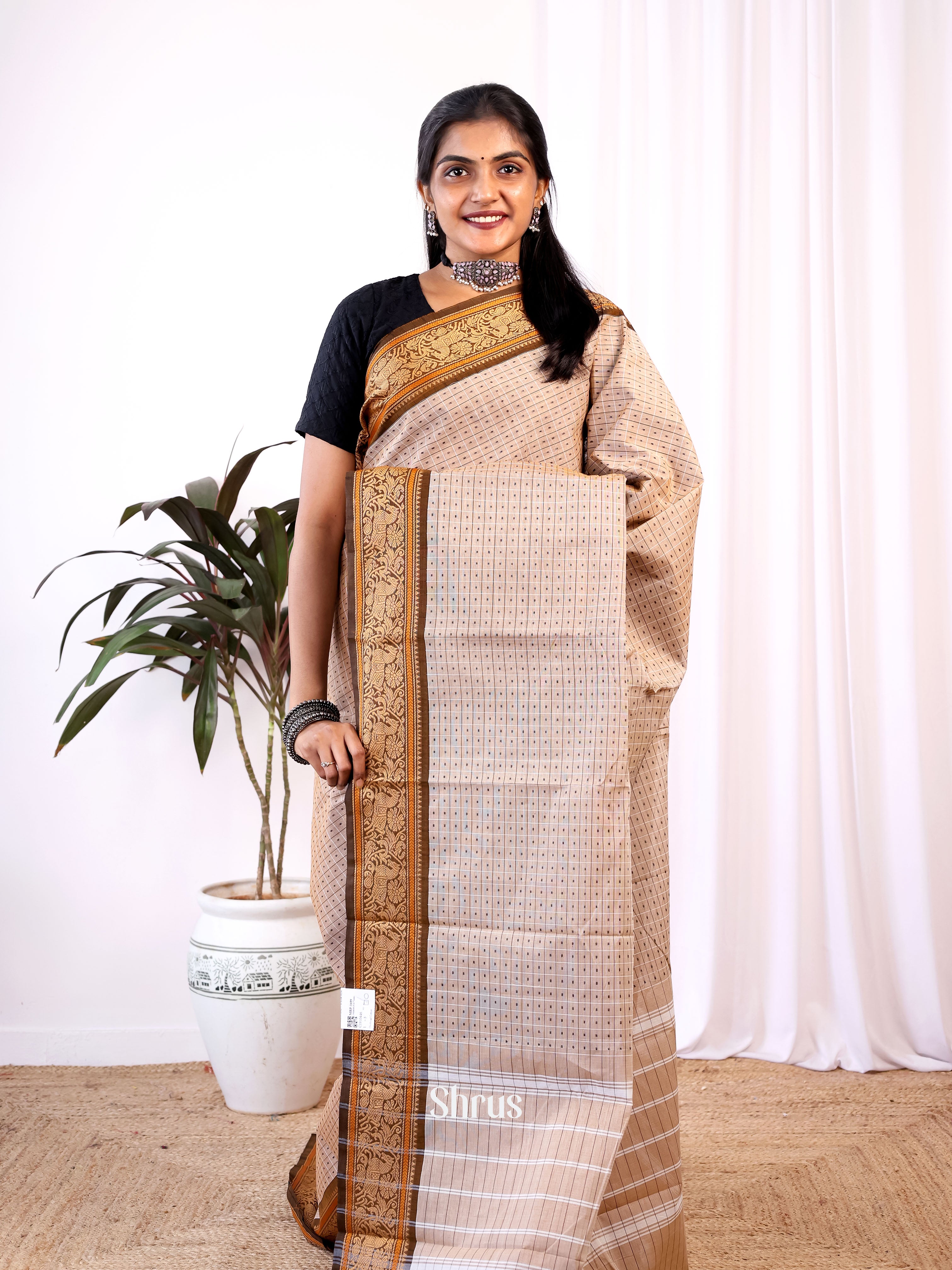 Grey & Brown - Chettinad Cotton Saree - Shop on Shrus.com